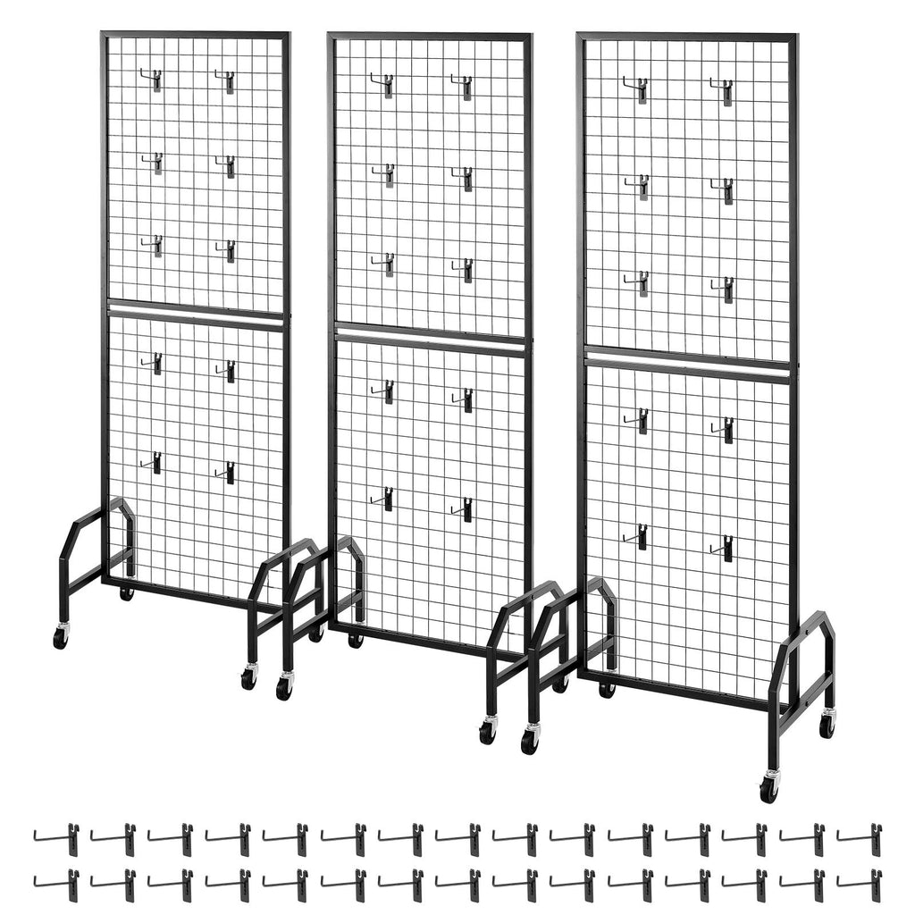 VEVOR 3 Packs Grid Wall Panels, 600 x 1640mm Wire Grid Panels Display Rack, Movable Art Display Shelf with Wheels and 30 Hooks, Black Carbon Steel Gridwall for Craft Show, Decor, Storage, Notice Board