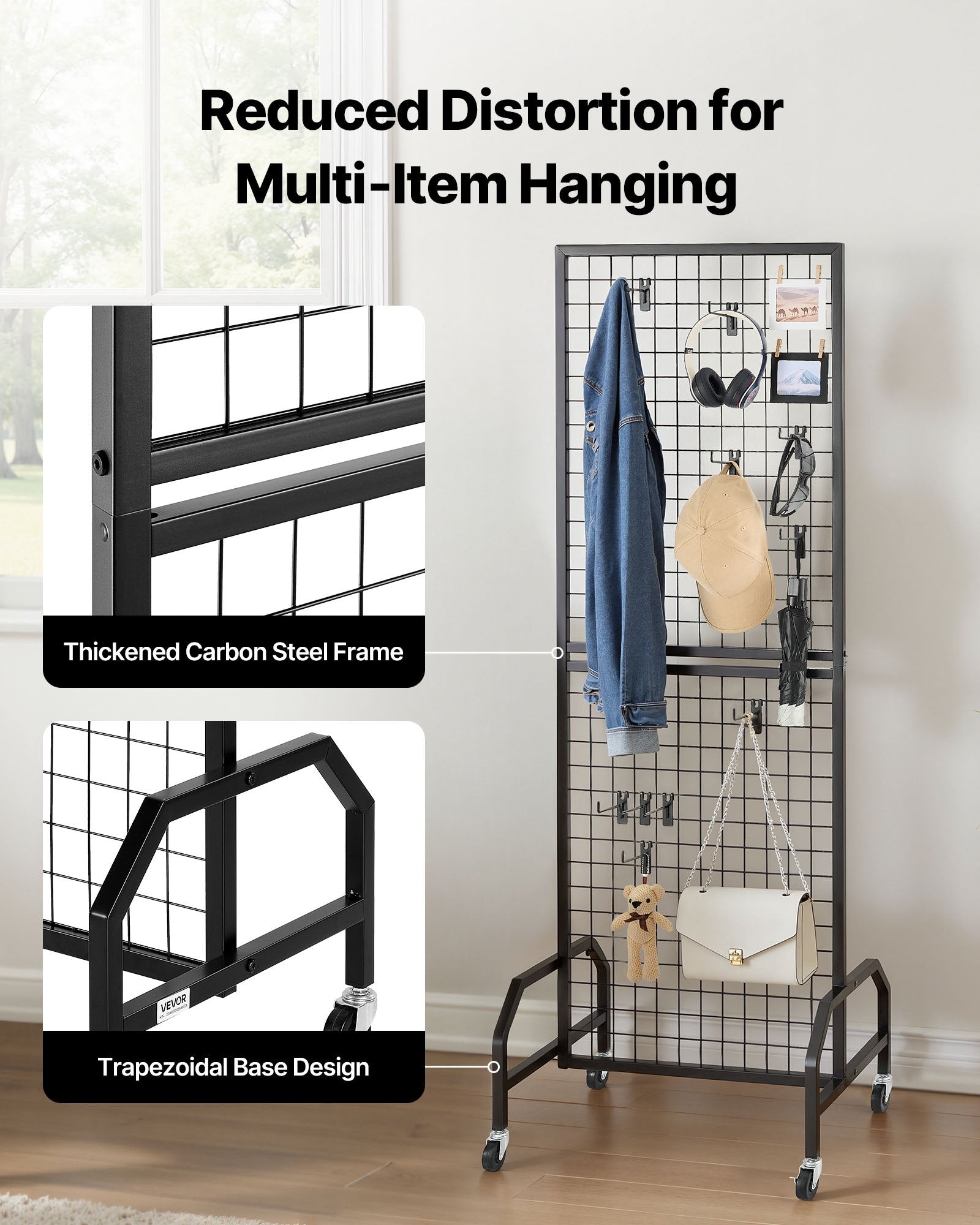 VEVOR Grid Wall Panel, 600 x 1640 mm Wire Grid Panels Display Rack, Movable Art Display Shelf with Wheels and 10 Hooks, Black Carbon Steel Gridwall for Craft Show, Decoration, Storage, Notice Board