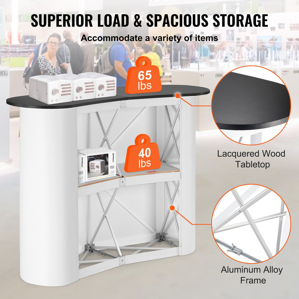 VEVOR Portable Tradeshow Podium Table, 1300 x 465 x 950 mm, Display Exhibition Counter Stand Booth Fair with Wall, Foldable Promotion Retail Bar Table Pop Up Podium with Storage Rack, Carrying Bag