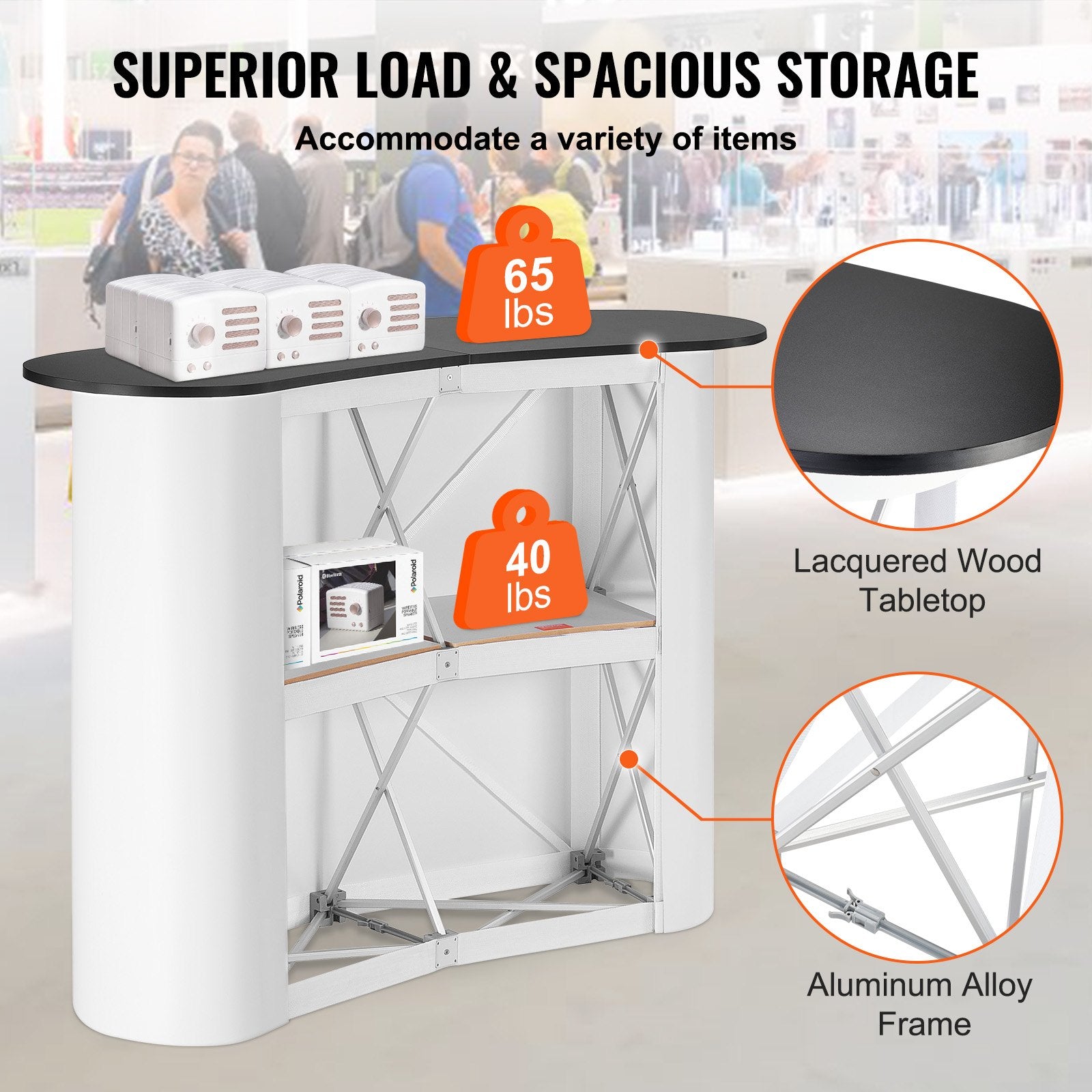 VEVOR Portable Tradeshow Podium Table, 1300 x 465 x 950 mm, Display Exhibition Counter Stand Booth Fair with Wall, Foldable Promotion Retail Bar Table Pop Up Podium with Storage Rack, Carrying Bag