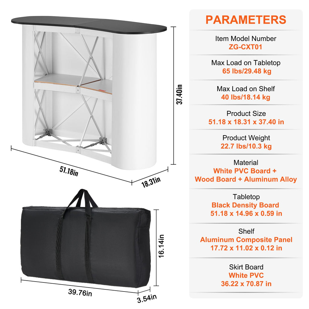 VEVOR Portable Tradeshow Podium Table, 1300 x 465 x 950 mm, Display Exhibition Counter Stand Booth Fair with Wall, Foldable Promotion Retail Bar Table Pop Up Podium with Storage Rack, Carrying Bag