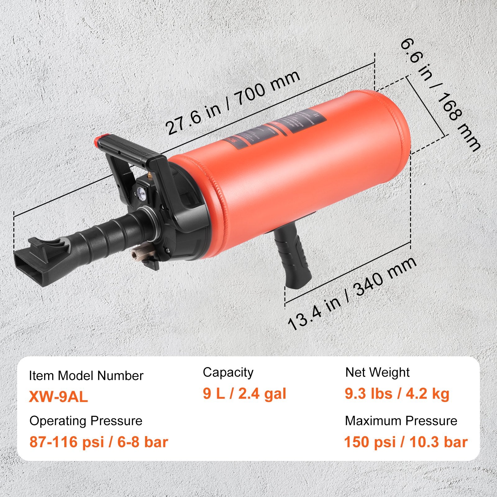 VEVOR Tire Bead Seater, 2.4 Gal/9 L Air Tire Bead Blaster, 150 PSI Handheld Bead Bazooka, Portable Tire Inflator Tool, 87-116 PSI Operating Pressure for Tractor Truck ATV Car and Automobile Repair
