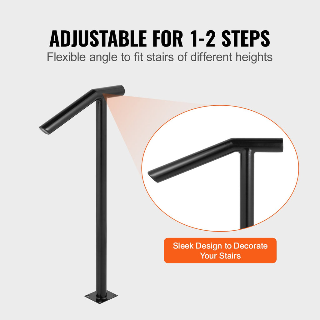 VEVOR Single Post 1-2, Black Steel Railing 441LBS Capacity Baking Varnish Iron Stairs Stylish Handrails for Outdoor Steps with Expansion Bolts & Drill Bit