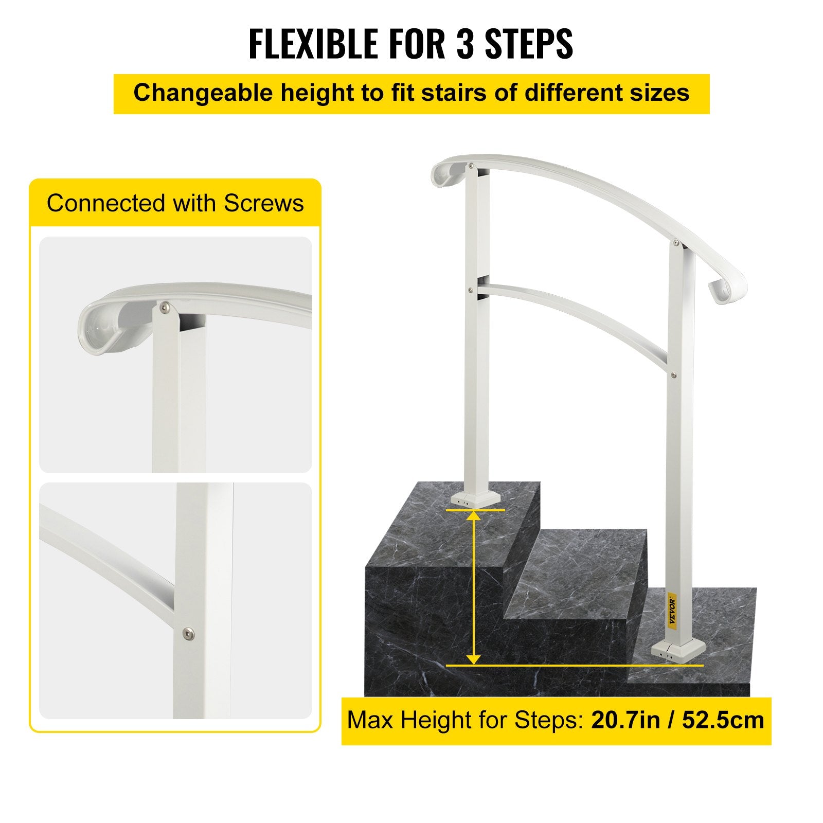 VEVOR 3-Step Handrails for Outdoor Steps Fits 1 or 3 Steps Matte White Stair Rail Wrought Iron Handrail with Installation Kit Hand Rails for Outdoor Step
