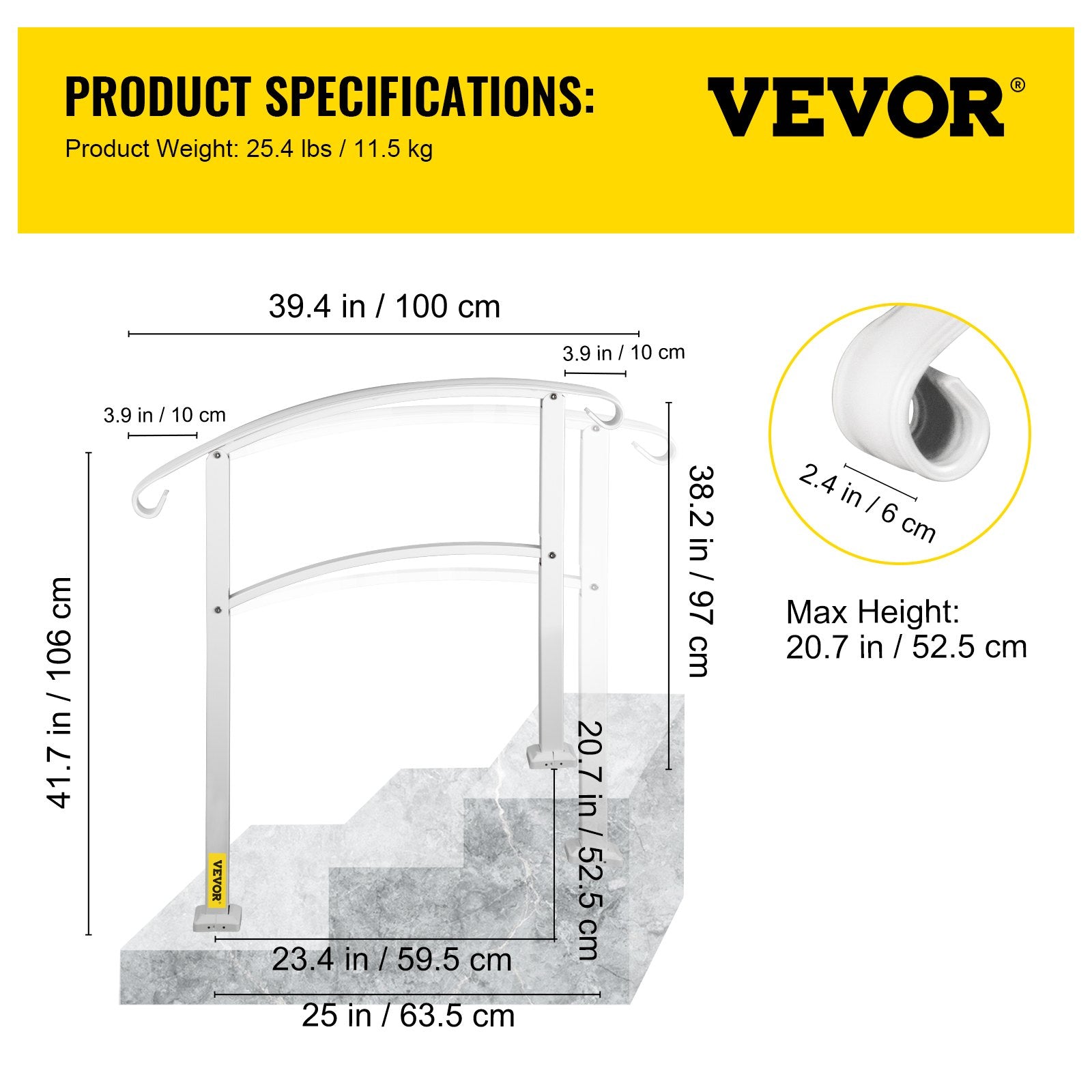 VEVOR 3-Step Handrails for Outdoor Steps Fits 1 or 3 Steps Matte White Stair Rail Wrought Iron Handrail with Installation Kit Hand Rails for Outdoor Step