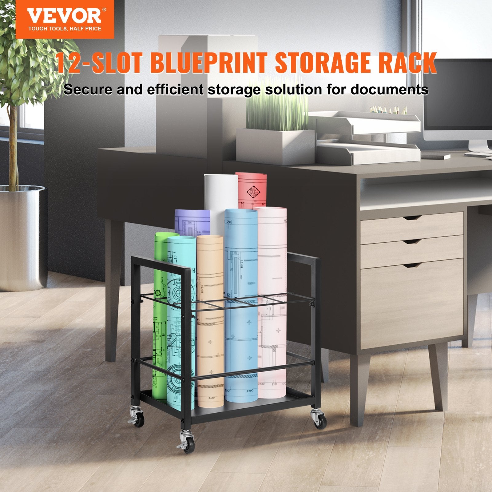 VEVOR Blueprint Storage Rack, 12 Slots Blueprint Holder with Wheels, Mobile Metal Blueprint Storage Cart for Map Poster Architectural Construction Plan, Roll File Organizer for Home, Office, School