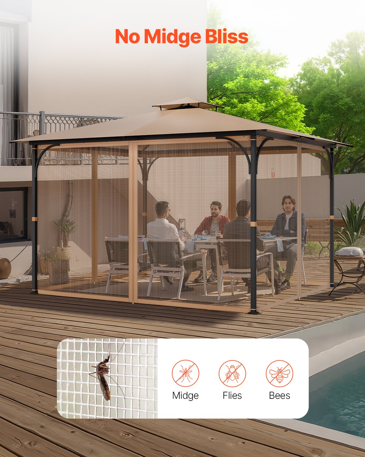 VEVOR Gazebo Netting Replacement, Fit Most 10 x 12 x 7.3 FT Gazebo, Outdoor Garden Gazebo Net, 4-Panel Sidewall Mesh Gazebo Curtain, Patio Midge Netting with Double Zipper, Canopy Screen (Netting Only)