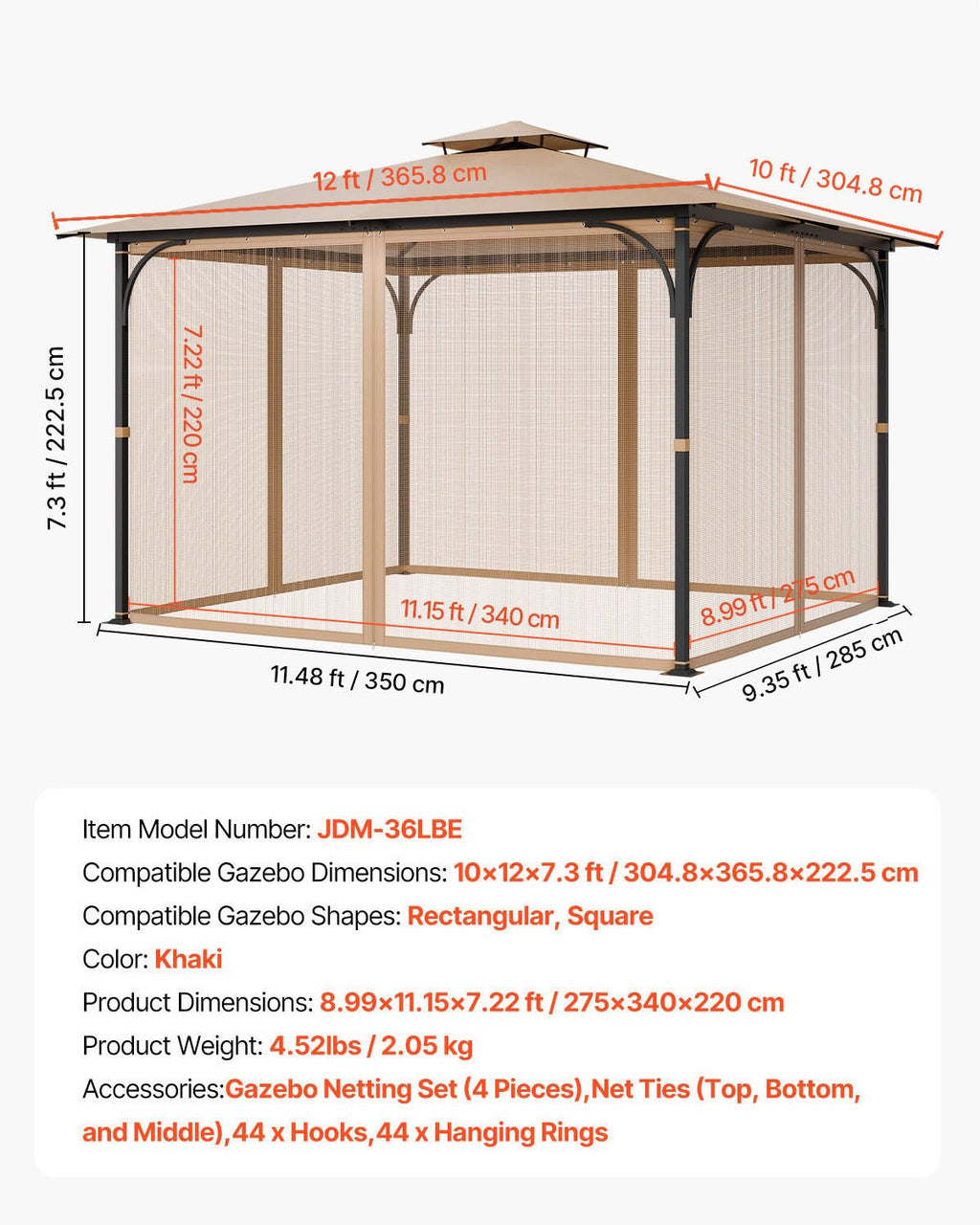 VEVOR Gazebo Netting Replacement, Fit Most 10 x 12 x 7.3 FT Gazebo, Outdoor Garden Gazebo Net, 4-Panel Sidewall Mesh Gazebo Curtain, Patio Midge Netting with Double Zipper, Canopy Screen (Netting Only)