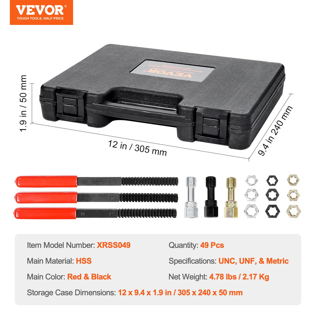 VEVOR 49-Piece Thread Chaser Set, UNC UNF and Metric Thread Restorer Tool, Rethreading Tool Kit with 22 Taps 24 Dies 3 Thread Files Storage Case, Heat Treated Steel, for Mechanics DIY Enthusiasts