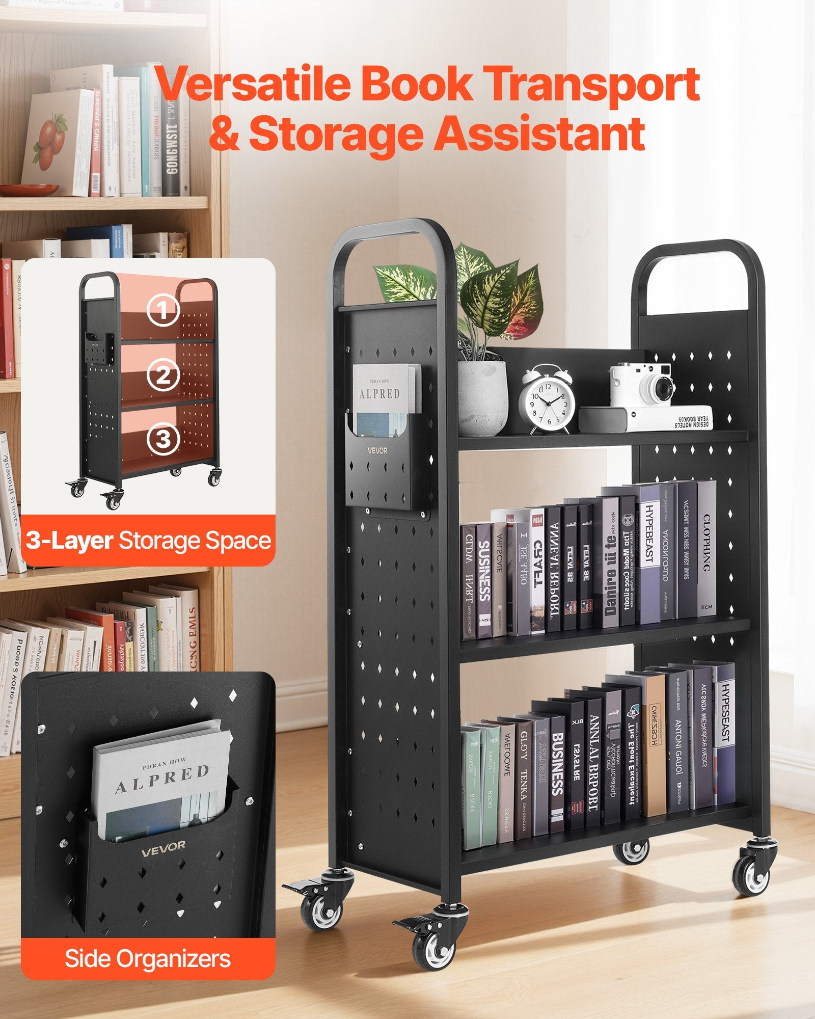 VEVOR Rolling Library Book Cart, 150 kg Capacity, 77 x 38 x 122 cm Library Cart, Single Sided L-Shaped Shelves with 76.2 mm Lockable Wheels, Book Truck for Home Shelves Office and School, Black