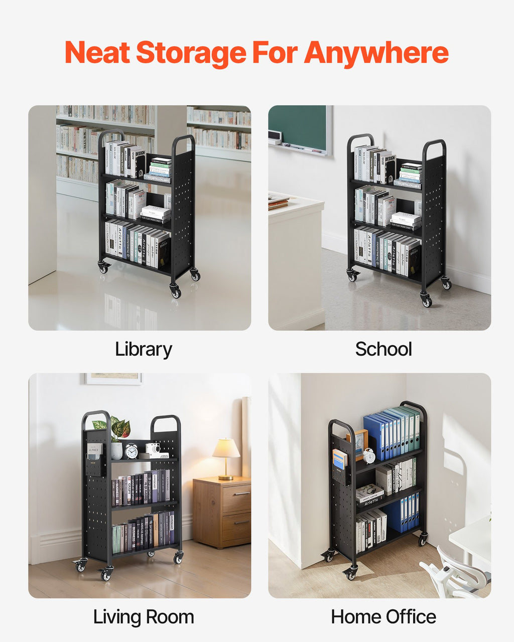 VEVOR Rolling Library Book Cart, 150 kg Capacity, 77 x 38 x 122 cm Library Cart, Single Sided L-Shaped Shelves with 76.2 mm Lockable Wheels, Book Truck for Home Shelves Office and School, Black