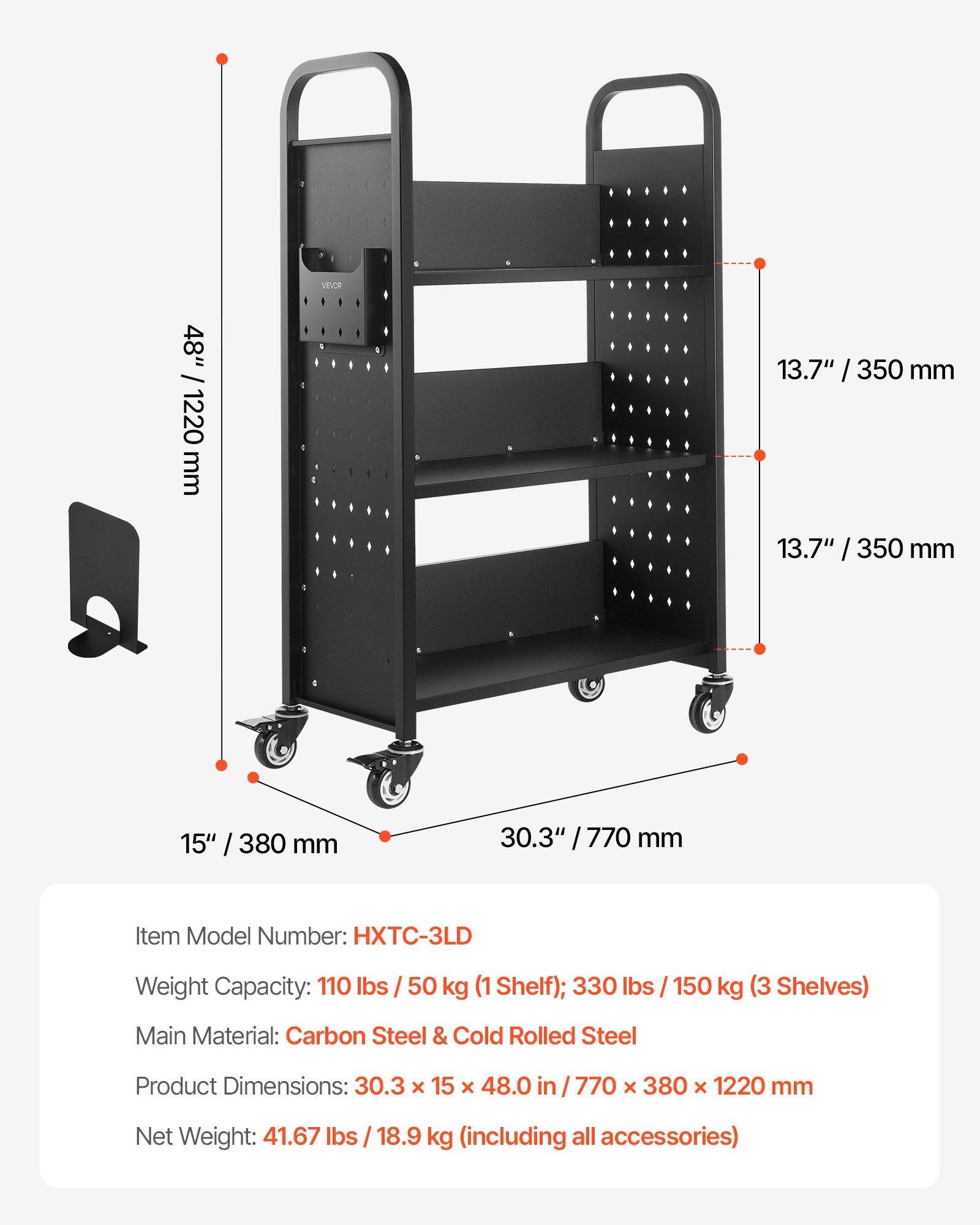 VEVOR Rolling Library Book Cart, 150 kg Capacity, 77 x 38 x 122 cm Library Cart, Single Sided L-Shaped Shelves with 76.2 mm Lockable Wheels, Book Truck for Home Shelves Office and School, Black