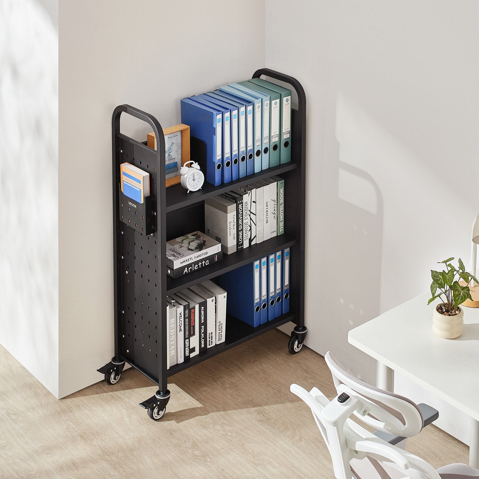 VEVOR Rolling Library Book Cart, 150 kg Capacity, 77 x 38 x 122 cm Library Cart, Single Sided L-Shaped Shelves with 76.2 mm Lockable Wheels, Book Truck for Home Shelves Office and School, Black