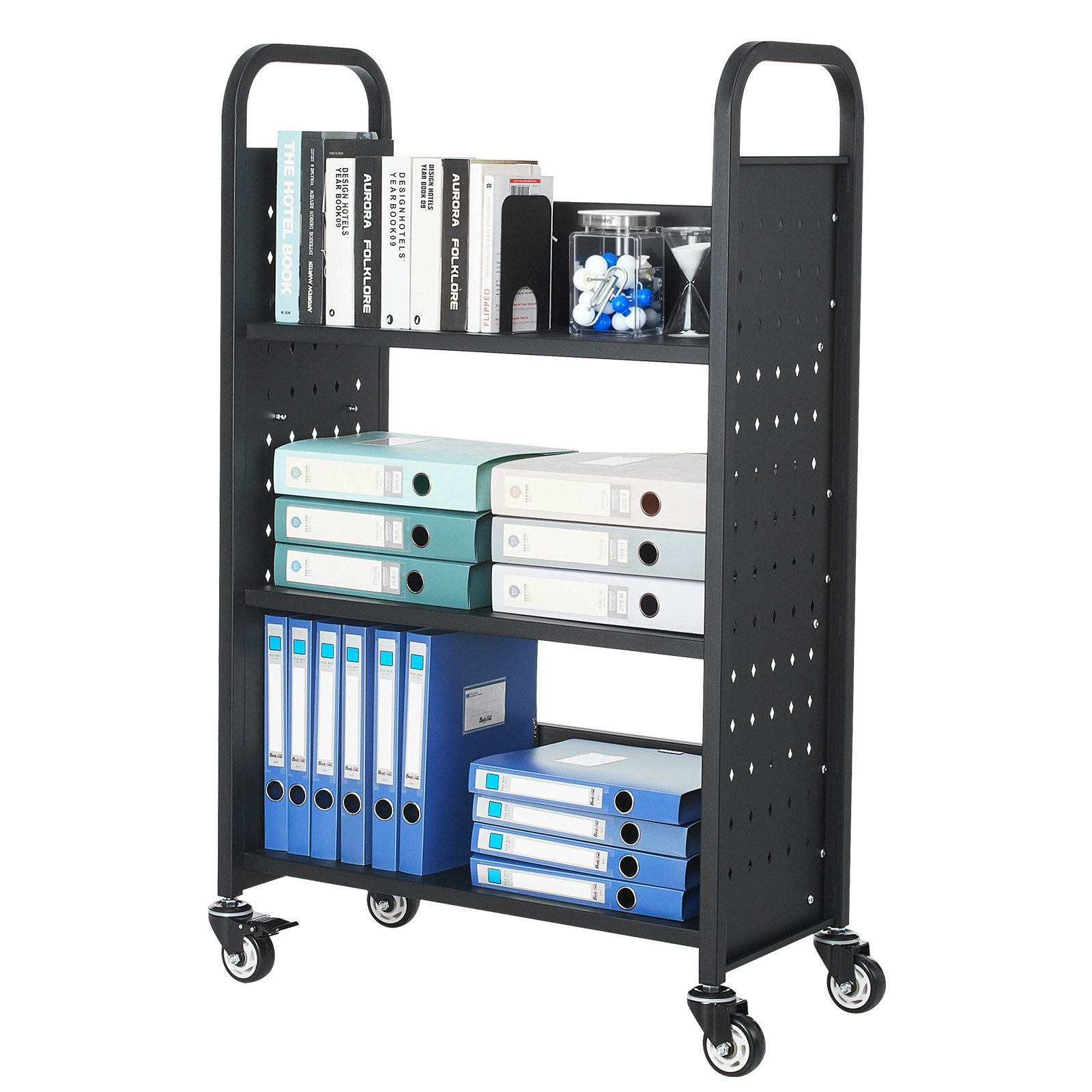VEVOR Rolling Library Book Cart, 150 kg Capacity, 77 x 38 x 122 cm Library Cart, Single Sided L-Shaped Shelves with 76.2 mm Lockable Wheels, Book Truck for Home Shelves Office and School, Black