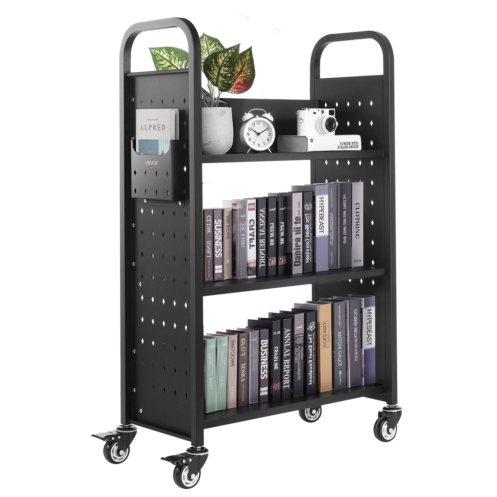 VEVOR Rolling Library Book Cart, 150 kg Capacity, 77 x 38 x 122 cm Library Cart, Single Sided L-Shaped Shelves with 76.2 mm Lockable Wheels, Book Truck for Home Shelves Office and School, Black