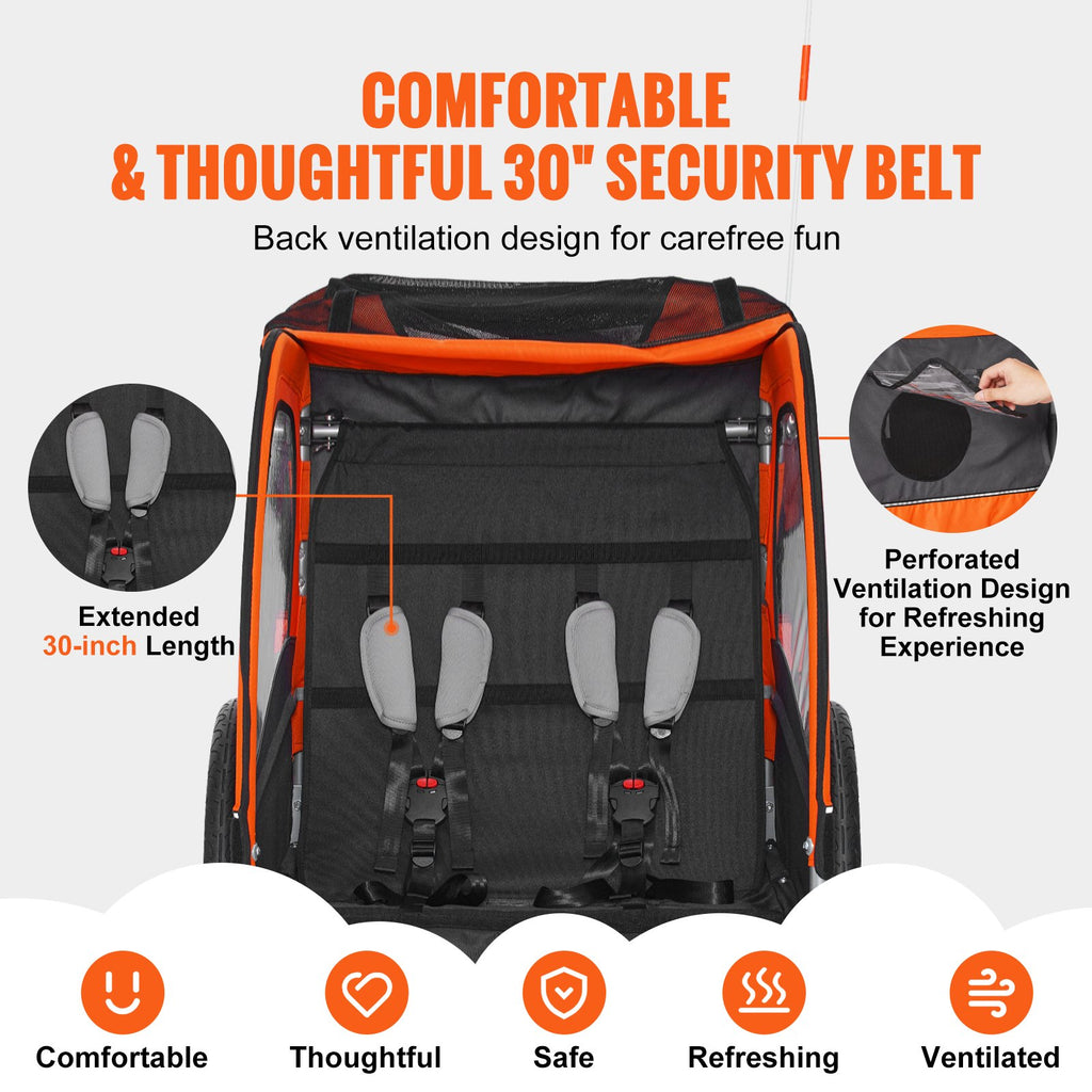 VEVOR Bike Trailer for Toddlers, Kids, Double Seat, 45 kg Load, 2-In-1 Canopy Carrier Converts to Stroller, Tow Behind Foldable Child Bicycle Trailer with Universal Bicycle Coupler, Orange and Gray