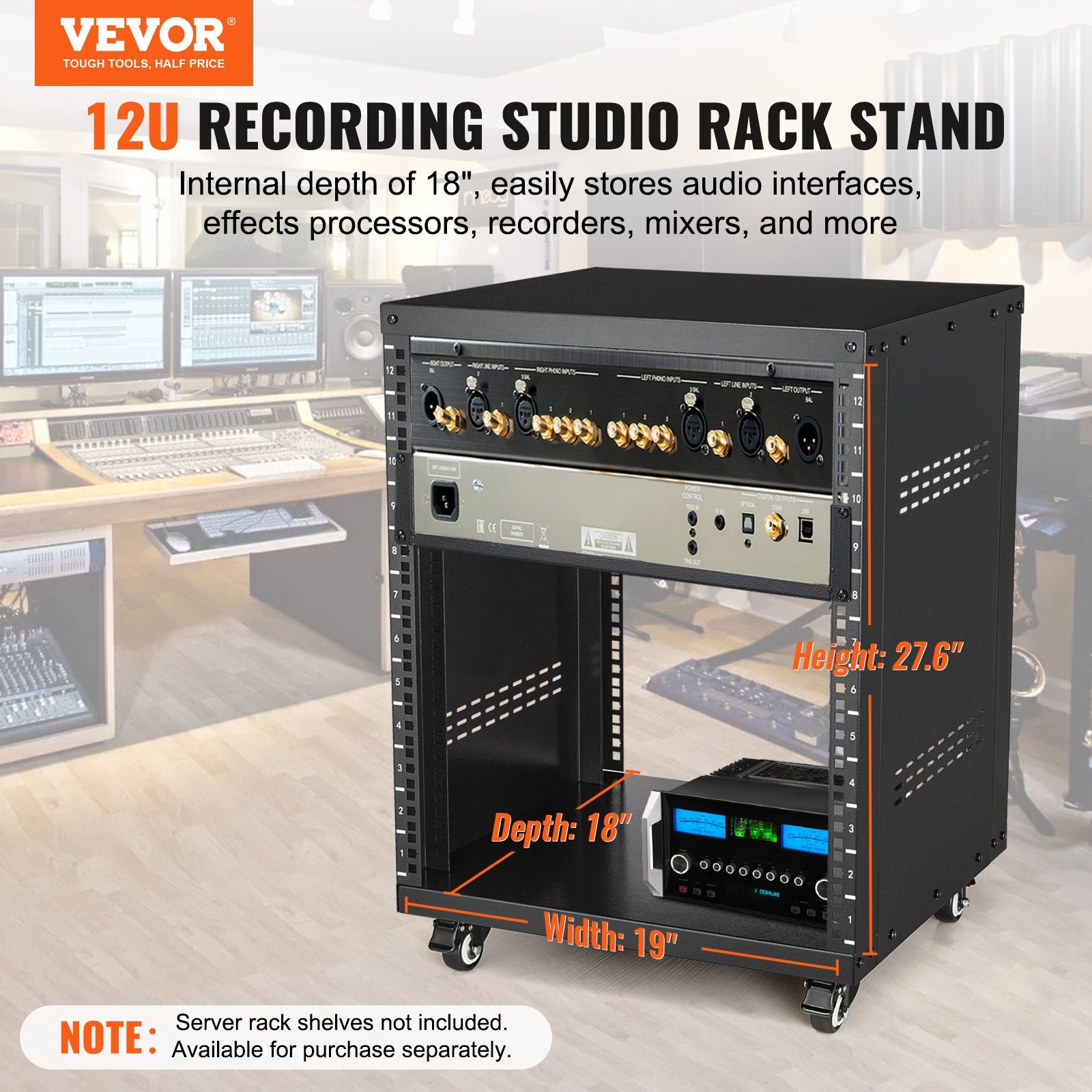 VEVOR 12U AV Rack Stand, 136.08kg Capacity, Network Stereo Recording Studio Rack with Lockable Caster Wheels Round & Square Holes, Special Vent for 482.6 mm Audio Video Musical & IT Equipment Mounting