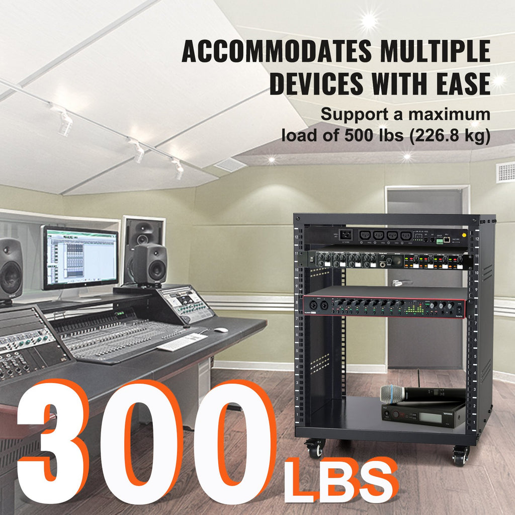 VEVOR 12U AV Rack Stand, 136.08kg Capacity, Network Stereo Recording Studio Rack with Lockable Caster Wheels Round & Square Holes, Special Vent for 482.6 mm Audio Video Musical & IT Equipment Mounting