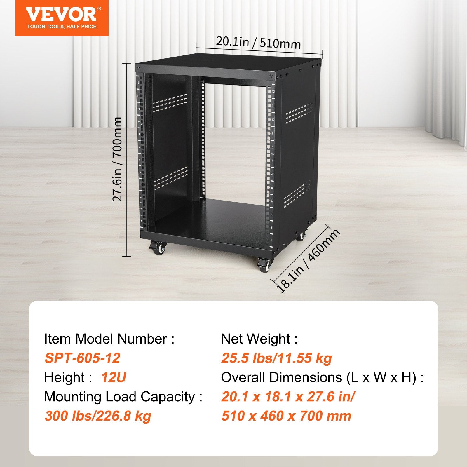 VEVOR 12U AV Rack Stand, 136.08kg Capacity, Network Stereo Recording Studio Rack with Lockable Caster Wheels Round & Square Holes, Special Vent for 482.6 mm Audio Video Musical & IT Equipment Mounting