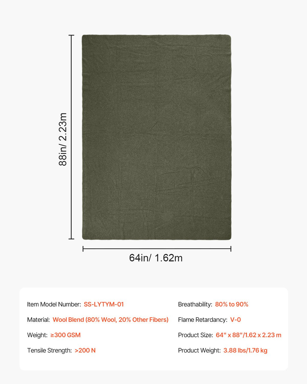 VEVOR Wool Camping Blanket, Large Warm Stadium Blanket, Waterproof & Windproof, Flame Retardant, Great for Outdoors, Picnics, Hiking, Sports Events, Travel, 1.62 m x 2.23 m (80% Wool), Army Green