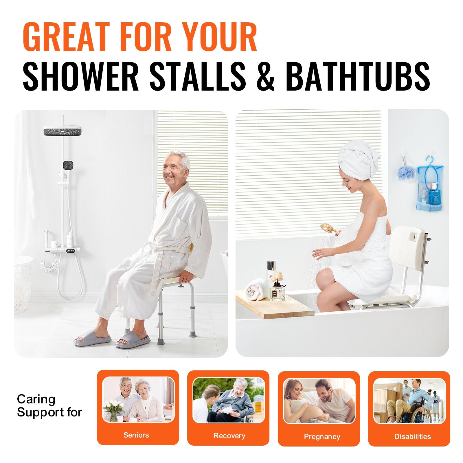 VEVOR Shower Chair, Shower Seat with Back, Adjustable Height Shower Stool, Shower Chair for Inside Shower Bathtub, Non-slip Bathroom Bench Bath Chair for Elderly Disabled Handicap, 158.8 kg Capacity