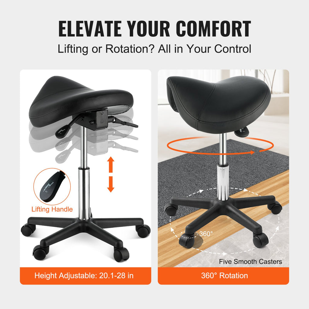 VEVOR Saddle Stool with Wheels, 400 LBS Weight Capacity Ergonomic Rolling Saddle Stool, Height Adjustable Thickened PU Leather Swivel Saddle Stools Chair for Salon, Spa, Tattoo, Clinic, Black