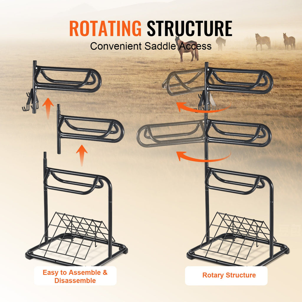VEVOR Freestanding Saddle Stand, 30 x 30 x 68.5 in, 3 Tiers Saddle Rack, Heavy Duty Saddle Blanket Holder with Removable & Rotating Tiers, English & Western Saddle Rack for Tack Room Organization