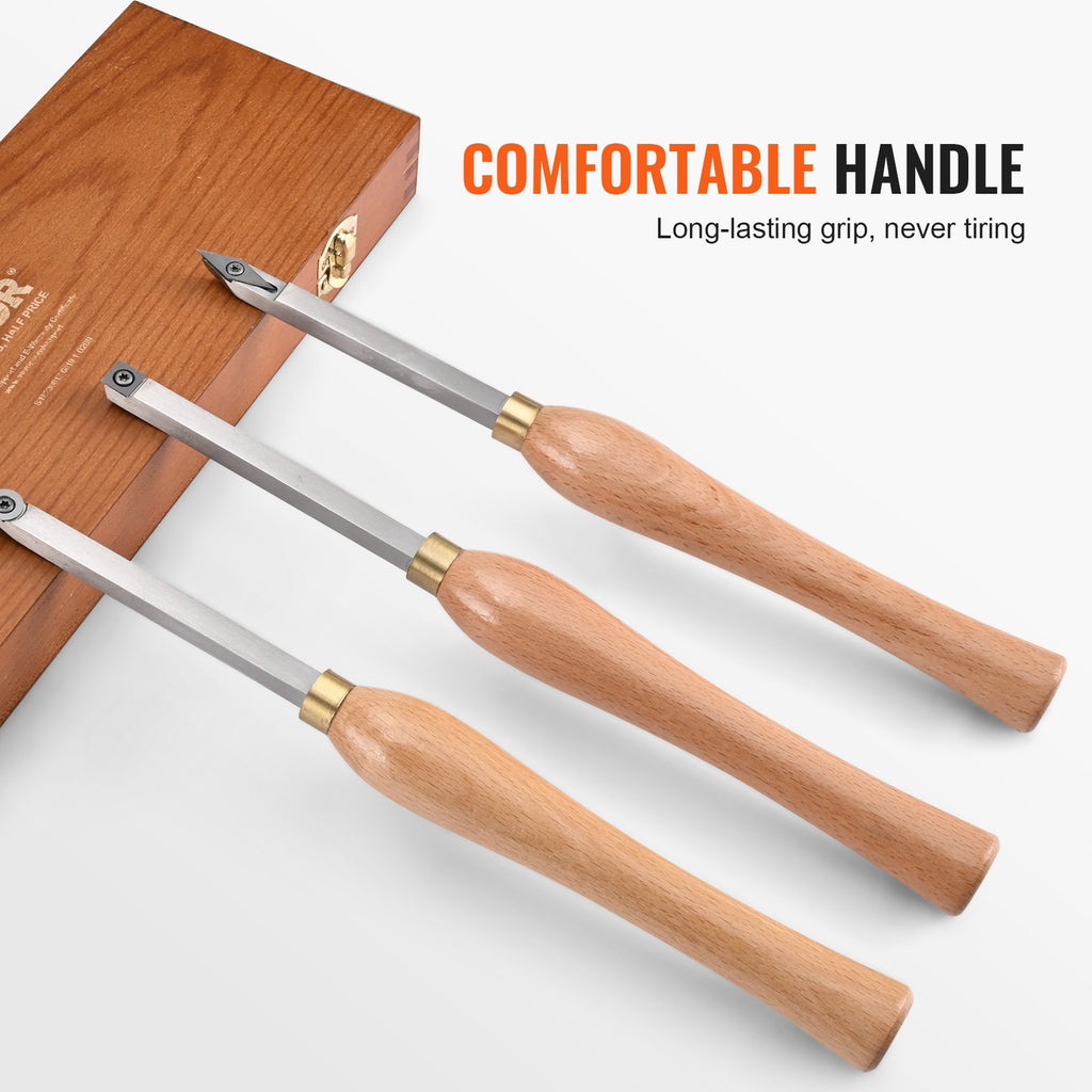 VEVOR Wood Lathe Chisel Set, 3 PCS Woodworking Turning Tools, Includes Square, Round, Diamond Carbide Blades, 20 cm Comfortable Grip Handles, Wood Chisel Set with Wooden Box For Turning Pens or Small