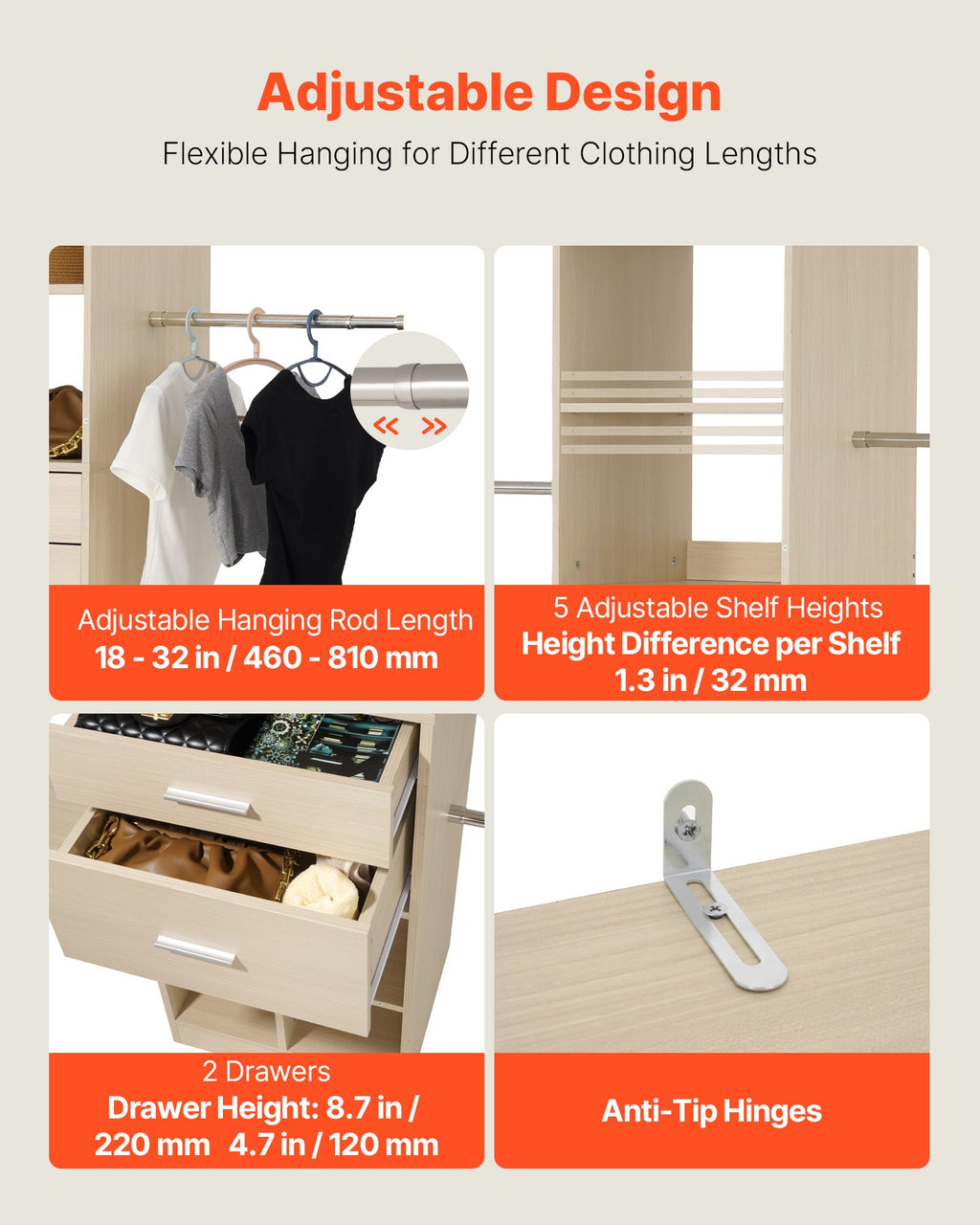 VEVOR Closet System with 2 Drawers, Adjustable Height Wooden Closet Organizers, Modern Walk-in Wardrobe Organization with 5 Retractable Clothes Hanger Rods, Freestanding Garment Rack Storage, Grey