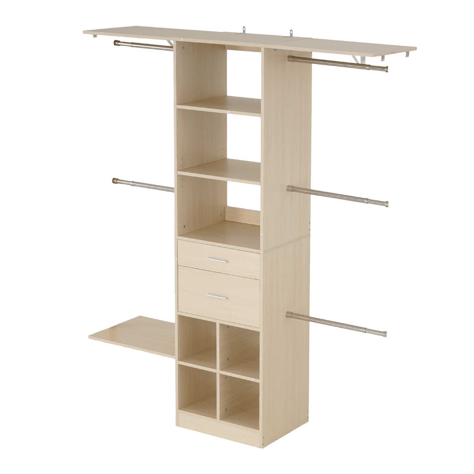 VEVOR Closet System with 2 Drawers, Adjustable Height Wooden Closet Organizers, Modern Walk-in Wardrobe Organization with 5 Retractable Clothes Hanger Rods, Freestanding Garment Rack Storage, Grey