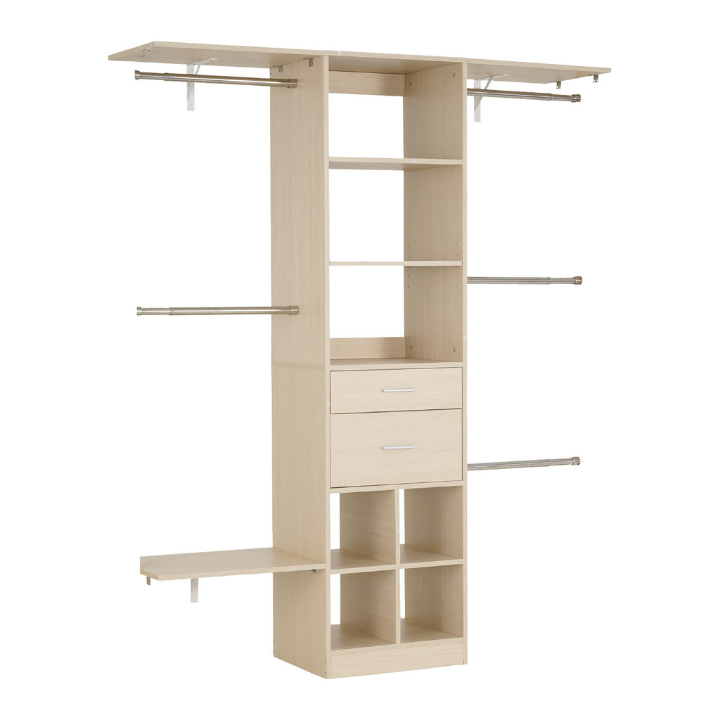 VEVOR Closet System with 2 Drawers, Adjustable Height Wooden Closet Organizers, Modern Walk-in Wardrobe Organization with 5 Retractable Clothes Hanger Rods, Freestanding Garment Rack Storage, Grey