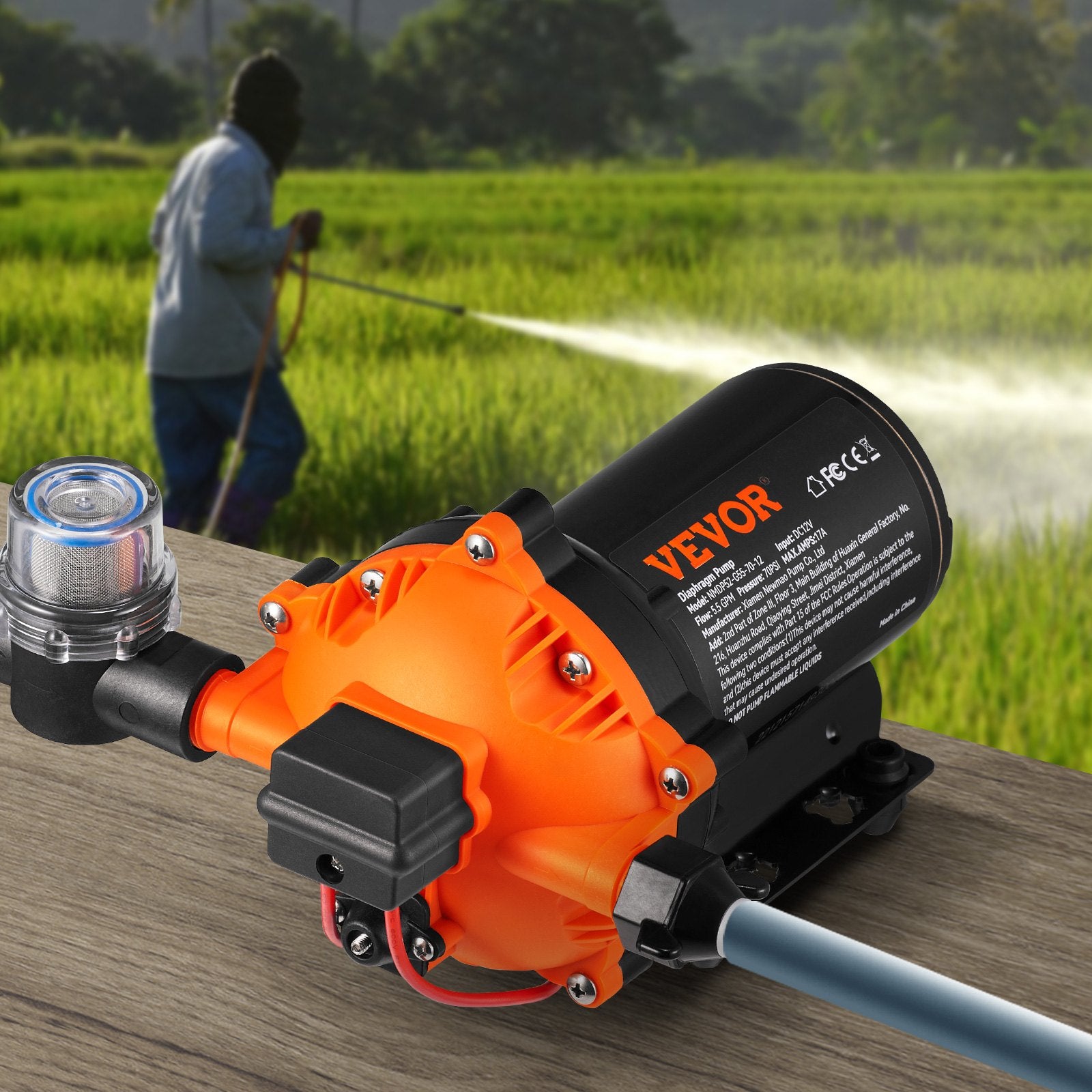 VEVOR Water Diaphragm Pump, 20.8 LPM Flow, 4.8 bar Rated Pressure (2.8-6.9 bar Adjustable), 12.7 mm MNPT Self Priming Sprayer Pump with Pressure Switch for RV Camper Marine Boat Lawn, FCC Certified