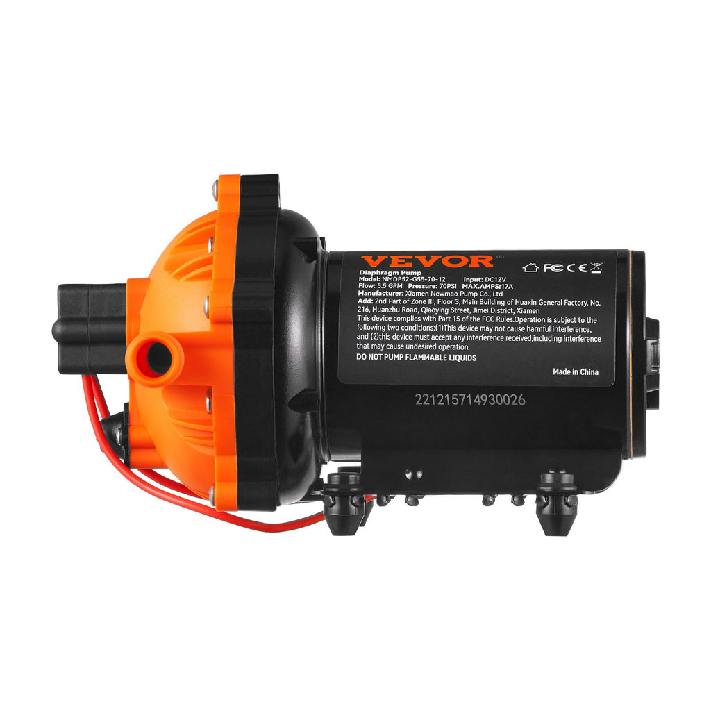 VEVOR Water Diaphragm Pump, 20.8 LPM Flow, 4.8 bar Rated Pressure (2.8-6.9 bar Adjustable), 12.7 mm MNPT Self Priming Sprayer Pump with Pressure Switch for RV Camper Marine Boat Lawn, FCC Certified