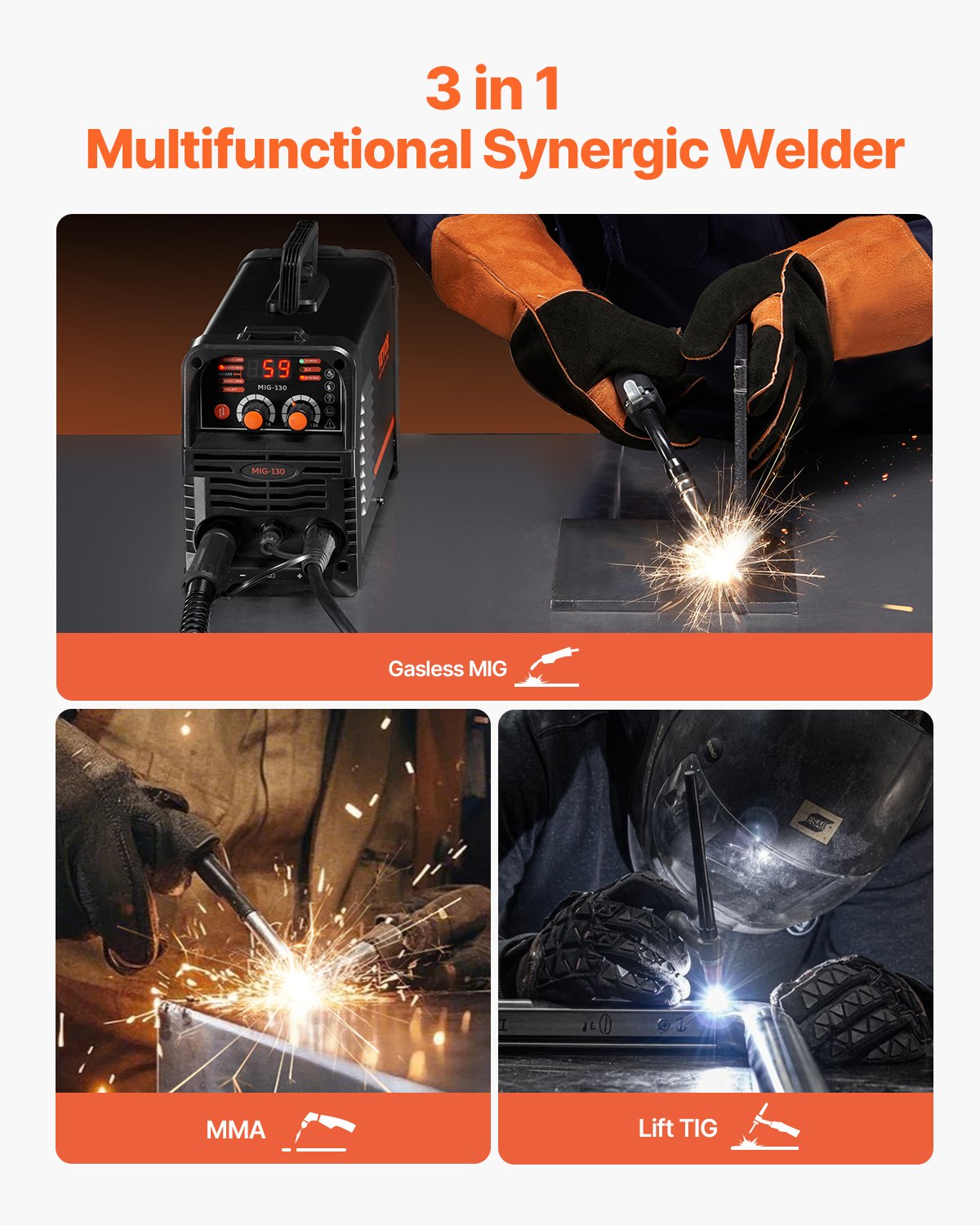 VEVOR MIG Welder, 130Amp Synergic Mig Welding Machine, 3-in-1 Flux Core MIG/Stick/Lift TIG Multi-Process Welder Machine, Portable Mig Welder with IGBT Inverter Technology & Digital Display Screen