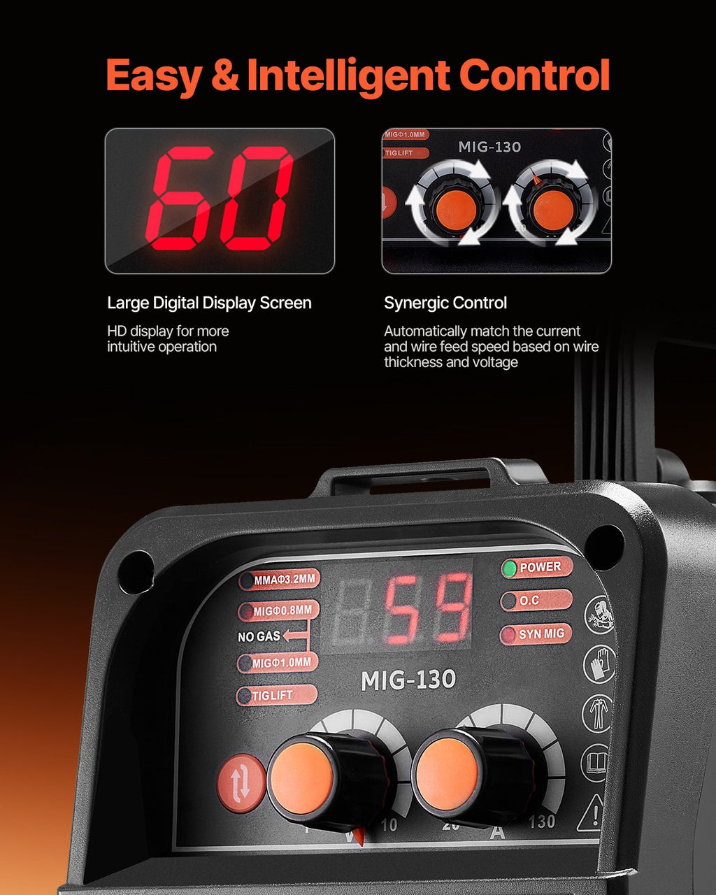 VEVOR MIG Welder, 130Amp Synergic Mig Welding Machine, 3-in-1 Flux Core MIG/Stick/Lift TIG Multi-Process Welder Machine, Portable Mig Welder with IGBT Inverter Technology & Digital Display Screen