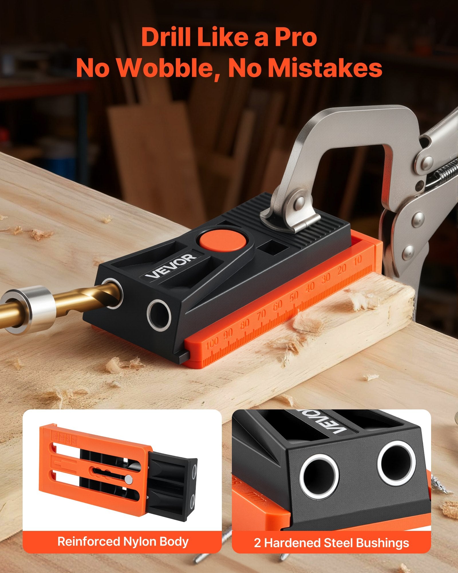 VEVOR Pocket Hole Jig Kit, 12.7 to 38.1 mm Adjustable, Mini Jig Pocket Hole System with Step Drill, Hex Wrench, Drill Stop Ring, Square Drive Bit, and Screws, Reinforced Nylon Frame, for Woodworking
