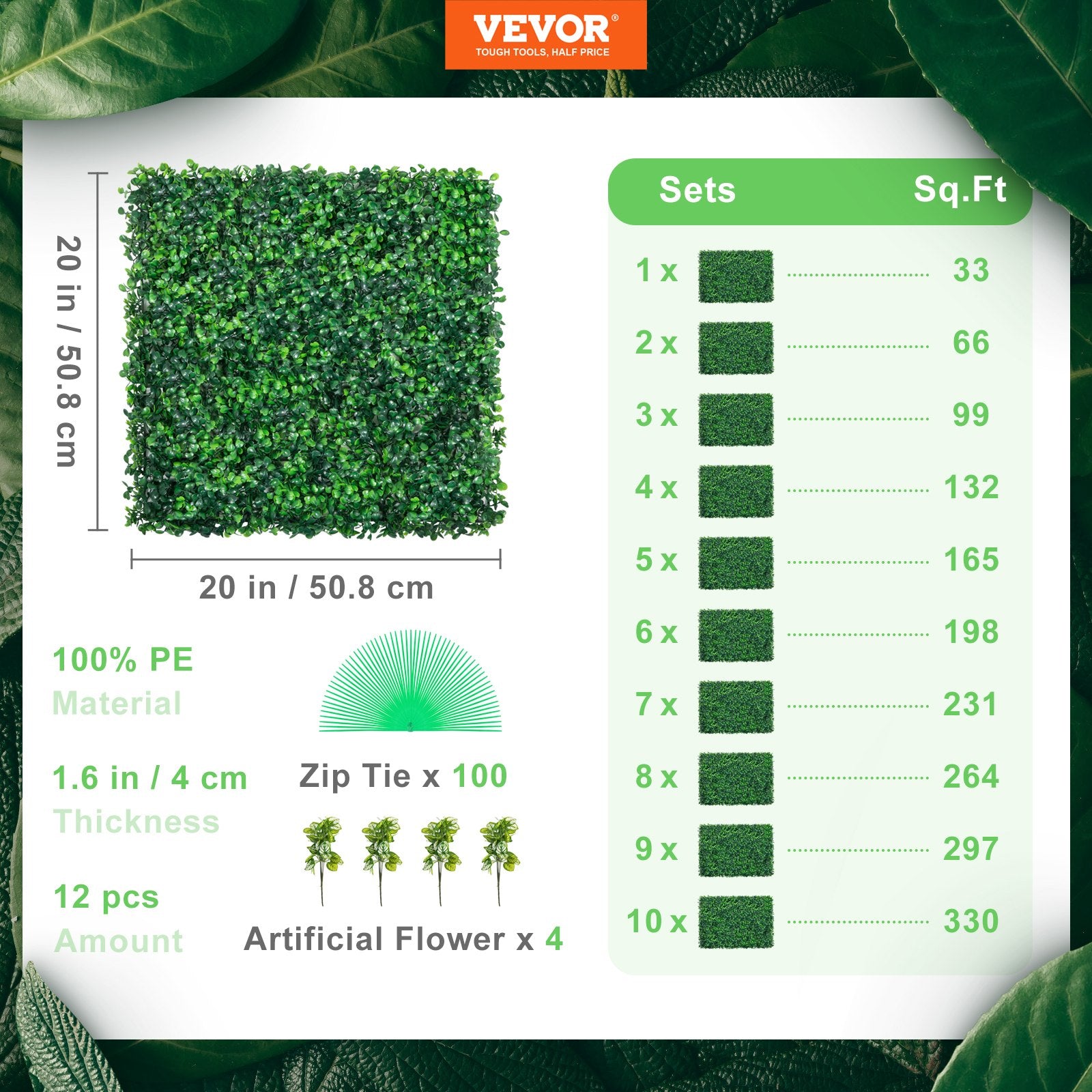VEVOR Artificial Boxwood Panel UV 12pcs Boxwood Hedge Wall Panels Artificial Grass Backdrop Wall 20X20" 4cm Green Grass Wall Fake Hedge for Decor Privacy Fence Indoor Outdoor Garden Backyard