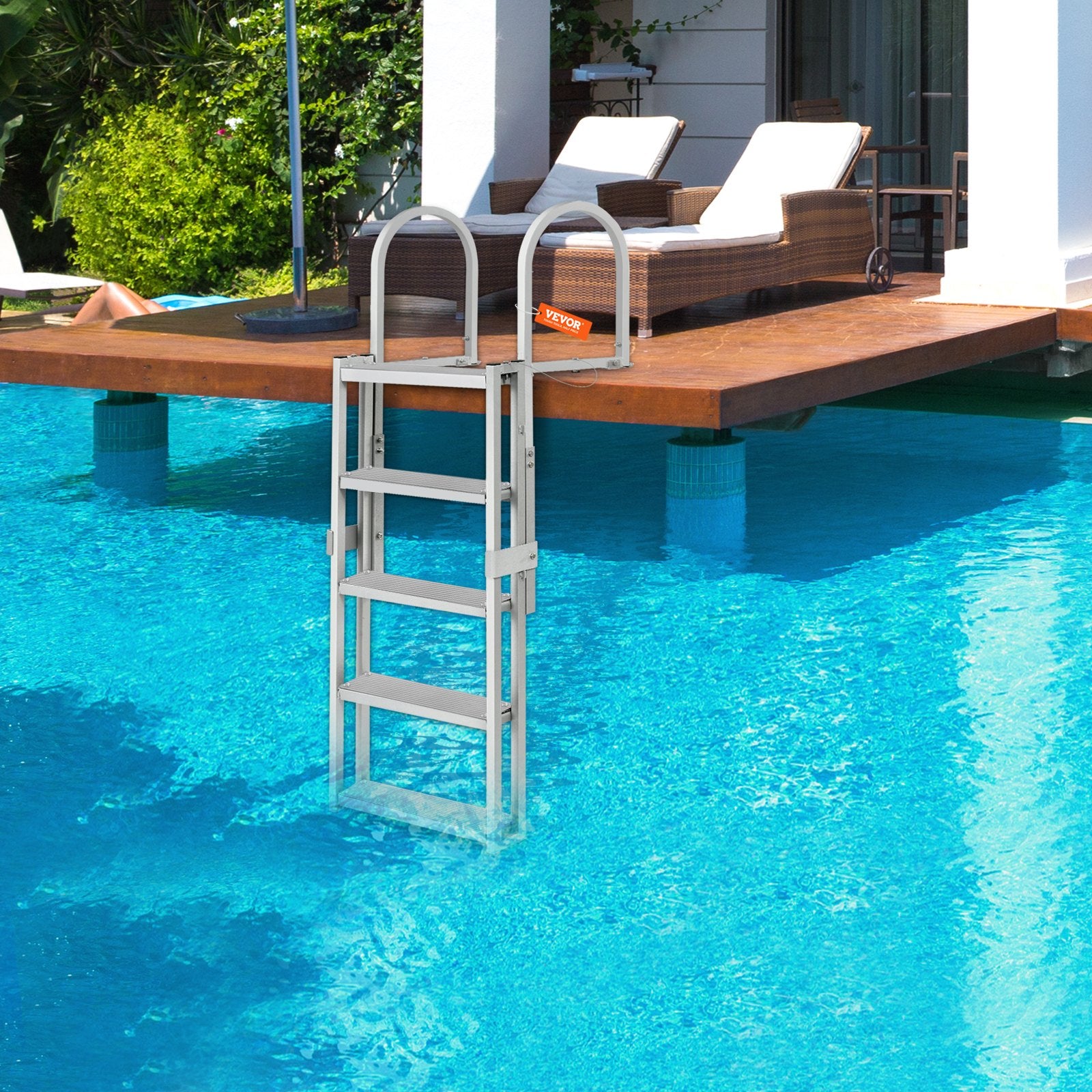 VEVOR Dock Ladder, Retractable 5 Steps, 350 lbs Load Capacity, Aluminum Alloy Pontoon Boat Ladder with 66.9''-78.9'' Adjustable Height, 4'' Wide Step & Mat, for Ship/Lake/Pool/Marine Boarding