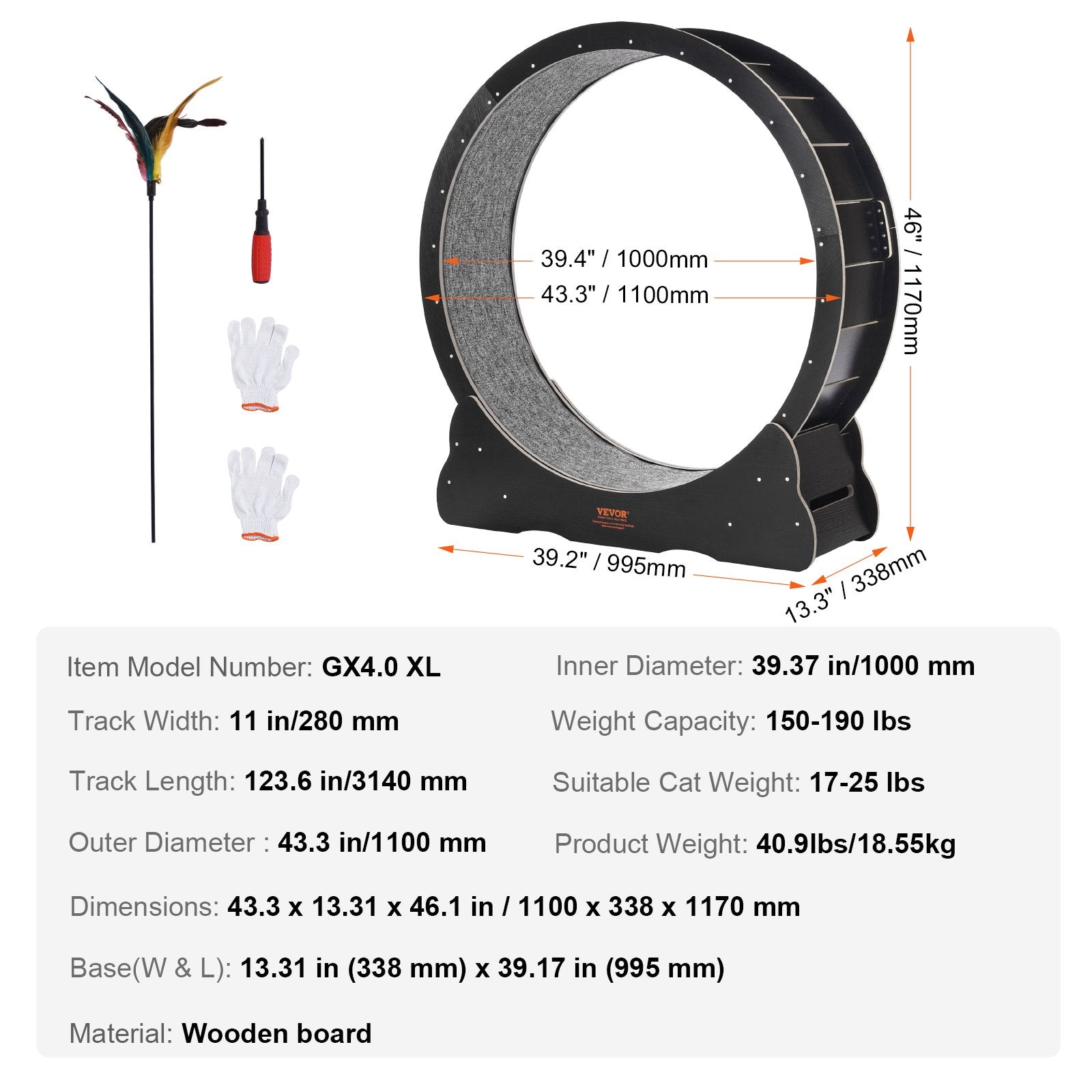 VEVOR Wooden Cat Exercise Wheel, 43.3" Large Cat Treadmill Wheel for Indoor Cats, Cat Running Wheel with Detachable Carpet & Cat Teaser for Running/Walking/Training, Suitable for Most Cats