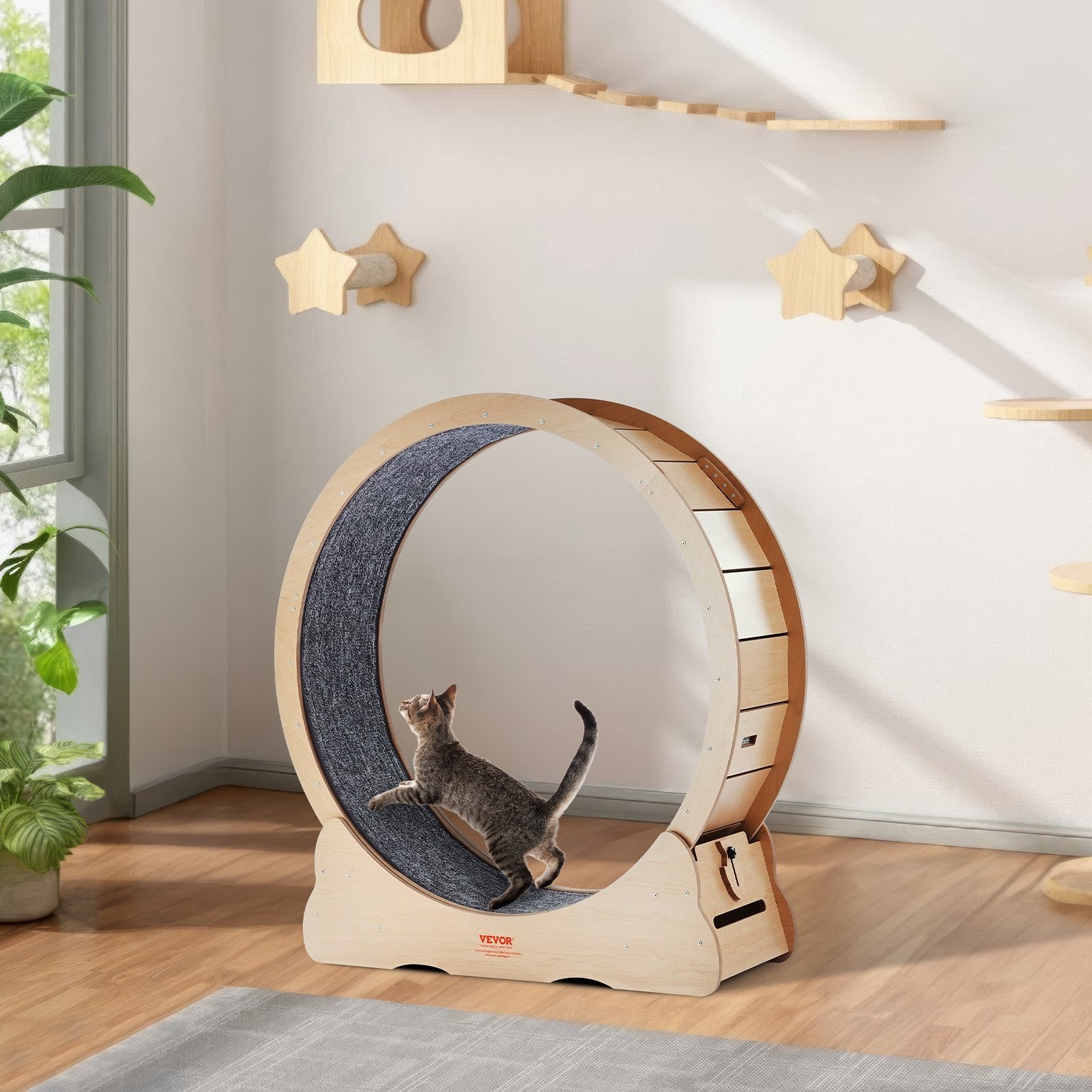 VEVOR Wooden Cat Exercise Wheel, 43.3" Large Cat Treadmill Wheel for Indoor Cats, Cat Running Wheel with Detachable Carpet & Cat Teaser for Running/Walking/Training, Suitable for Most Cats Yellow