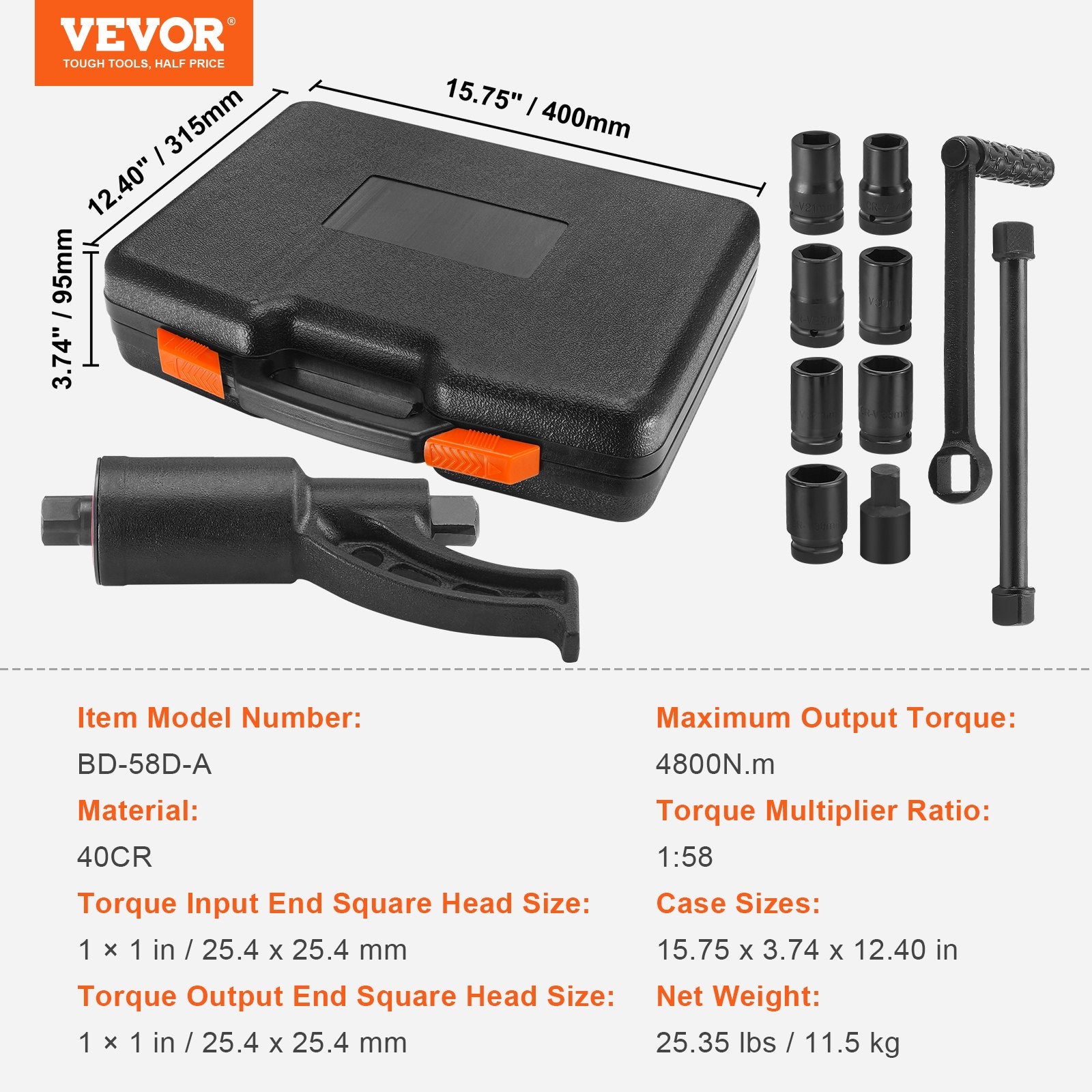 VEVOR Torque Multiplier, Heavy Duty Torque Multiplier Wrench Set, 1 Inch Drive Lug Nut Wrench Torque Multiplier, 1:58 4800N.m Lug Nut Remover, with 8 Sockets and Storage Case for Truck Trailer RV