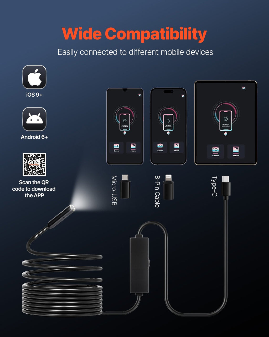 VEVOR Endoscope Camera with Light, 1920P HD Borescope for Android & IOS, 8 LED Lights Inspection Camera with 5m Semi-Rigid Cable, 2X Zoom, IP67 Waterproof Snake Scope Camera for Auto, Plumbing