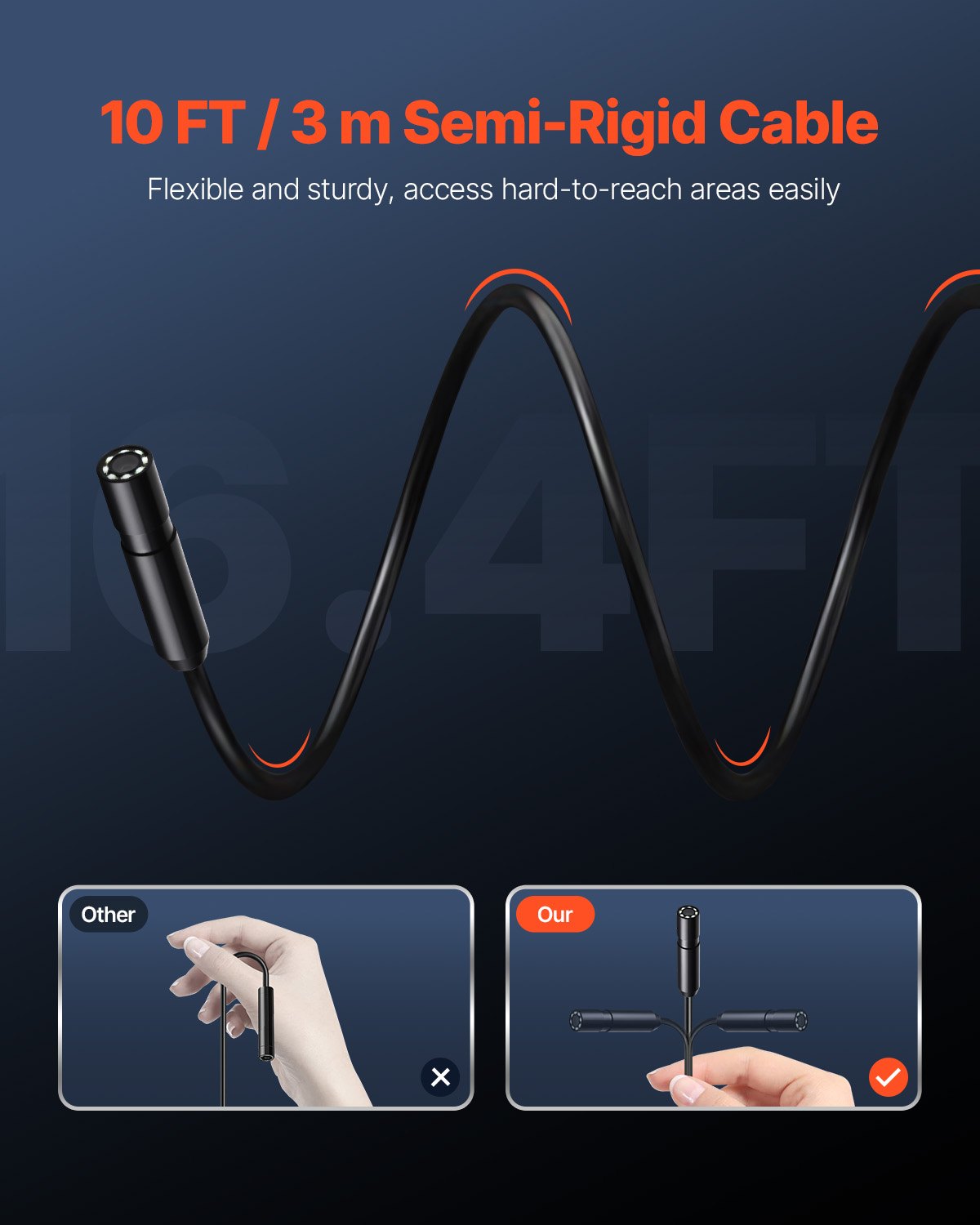 VEVOR Endoscope Camera with Light, 1920P HD Borescope for Android & IOS, 8 LED Lights Inspection Camera with 3m Semi-Rigid Cable, 2X Zoom, IP67 Waterproof Snake Scope Cameras for Auto, Plumbing