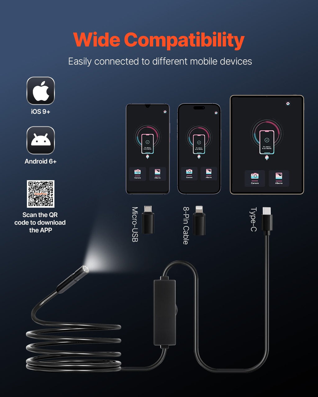 VEVOR Endoscope Camera with Light, 1920P HD Borescope for Android & IOS, 8 LED Lights Inspection Camera with 3m Semi-Rigid Cable, 2X Zoom, IP67 Waterproof Snake Scope Cameras for Auto, Plumbing