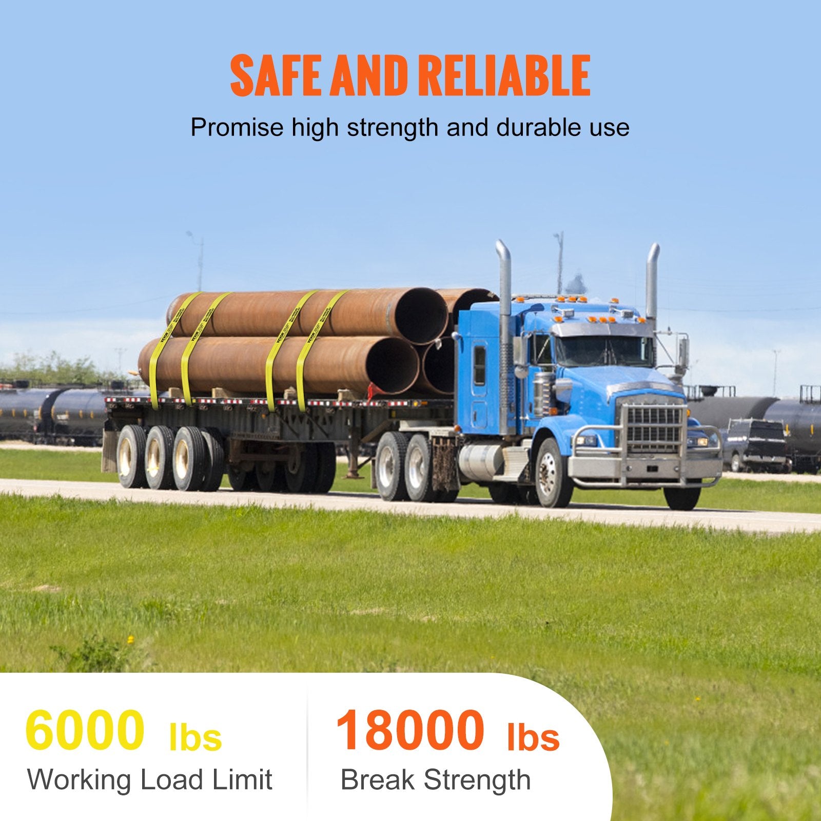 VEVOR Winch Straps, 10.2 cm x 9.1 m, 2.7T Load Capacity, 8.2T Break Strength, Truck Straps with Flat Hook, Flatbed Tie Downs Cargo Control for Trailers, Farms, Rescues, Tree Saver, Yellow (10 Pack)
