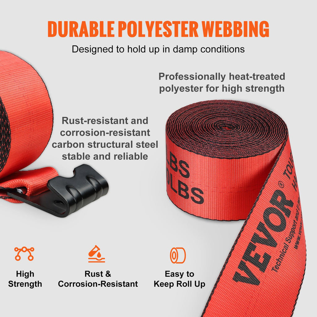VEVOR Winch Straps, 10.2 cm x 9.1 m, 2.7T Load Capacity, 8.2T Breaking Strength, Truck Straps with Flat Hook, Flatbed Tie Downs Cargo Control for Trailers, Farms, Rescues, Tree Saver, Red (10 Pack)