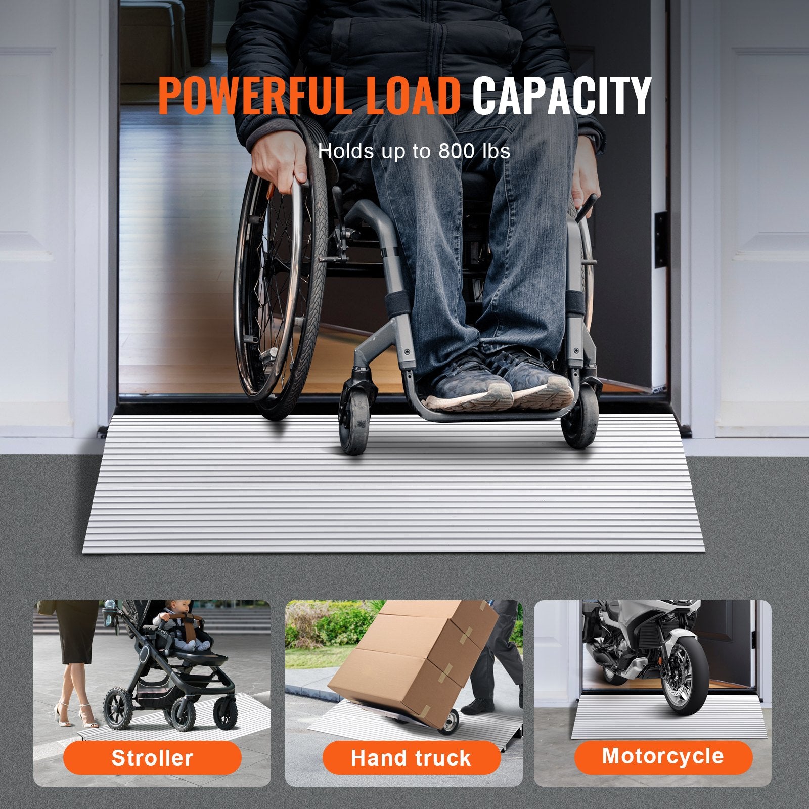 VEVOR Door Threshold Ramp, 2" Rise, 800 lbs Load Capacity, Door Ramp for Wheelchairs, Aluminum Threshold Ramp for Doorways, Adjustable Modular Threshold Ramp for Wheelchairs, Scooters, Power Chairs