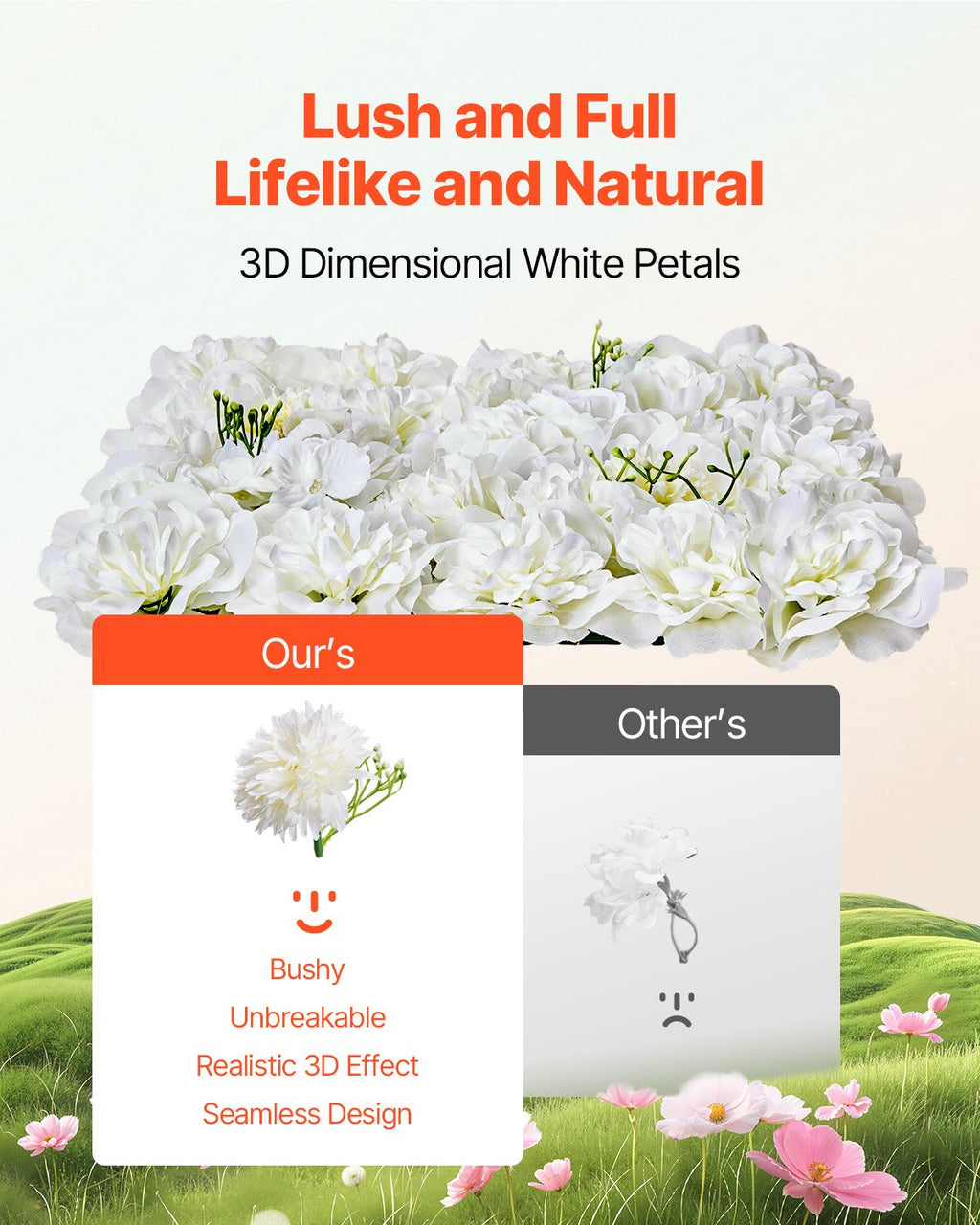VEVOR 3D Flower Wall Panel, 24 PCS 15 x 15 inch, Artificial Floral Wall Background Mesh Backing Mat,Seamless Design&Easy Installation for Wedding Valentines Day Home Baby Party Backdrop Decor,White