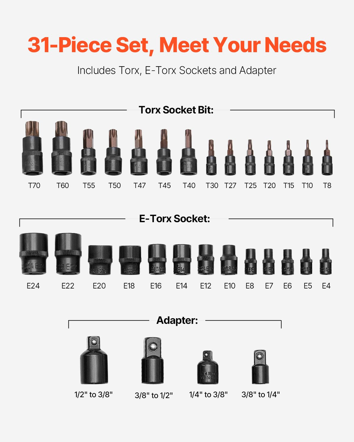 Torx Bit Socket and External Torx Socket Set 31-Piece T8-T70 and E4-E24 Steel
