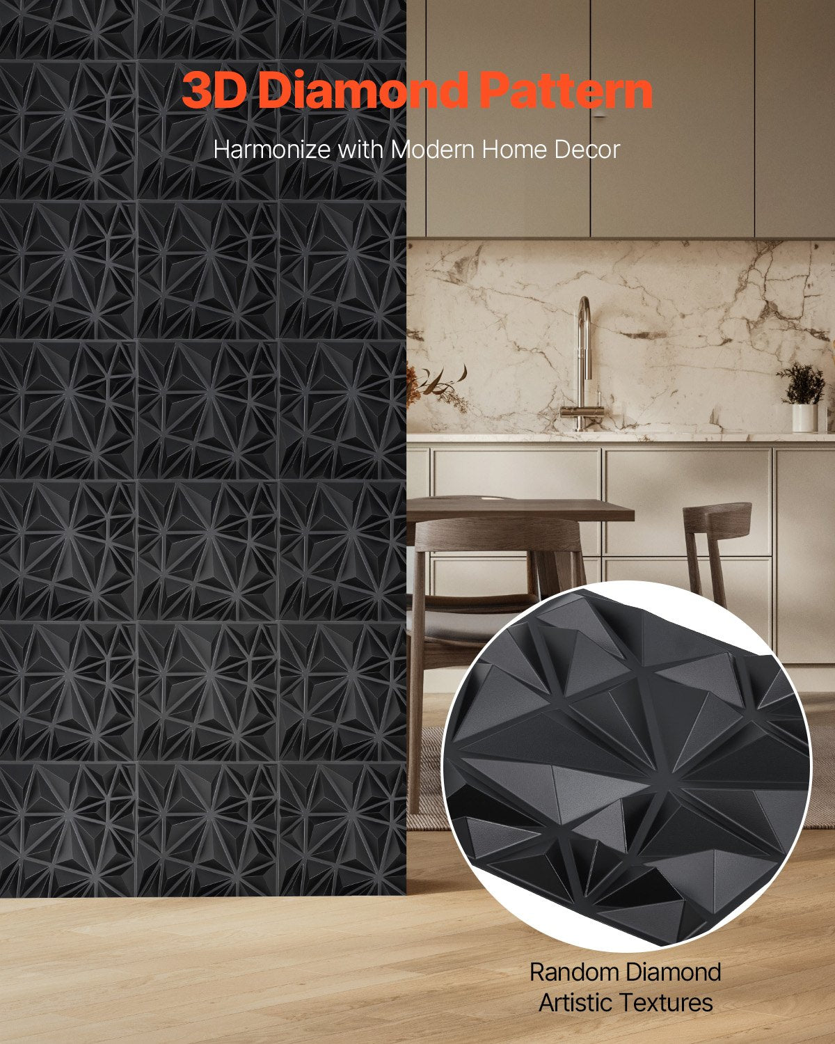 VEVOR 3D Wall Panels, 33-Pack 30 x 30 cm PVC Modern Art Minimalist Diamond Tiles, 2.97 m² Coverage Accent Wall Panel, Interior Home Decor for Ceiling, Bedroom, Living Room, Gaming Room, Matte Black